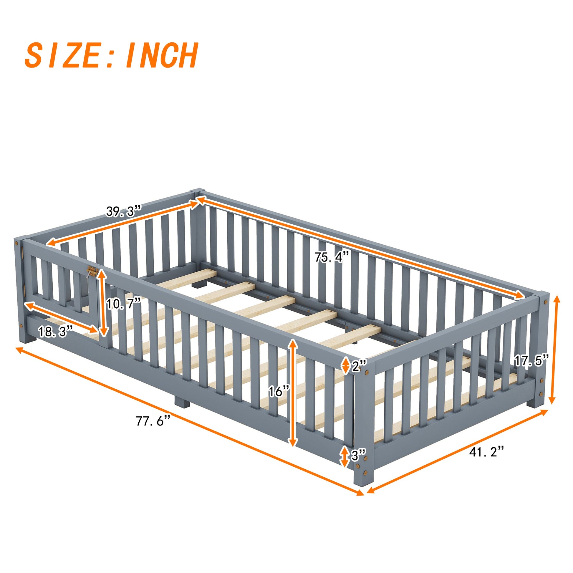 Twin Size Bed Floor Bed with Safety Guardrails and Door for Kids, Gray - Korvel