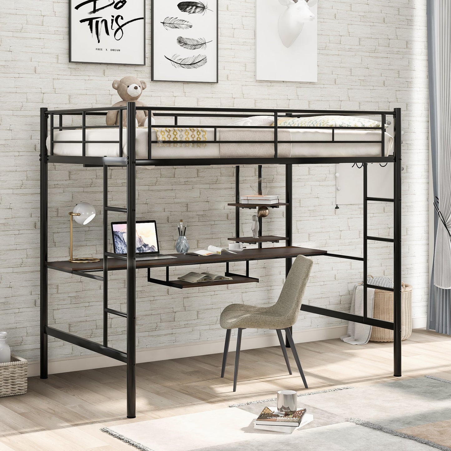 Loft Bed with Desk and Shelf   Space Saving Design Full Black - Korvel