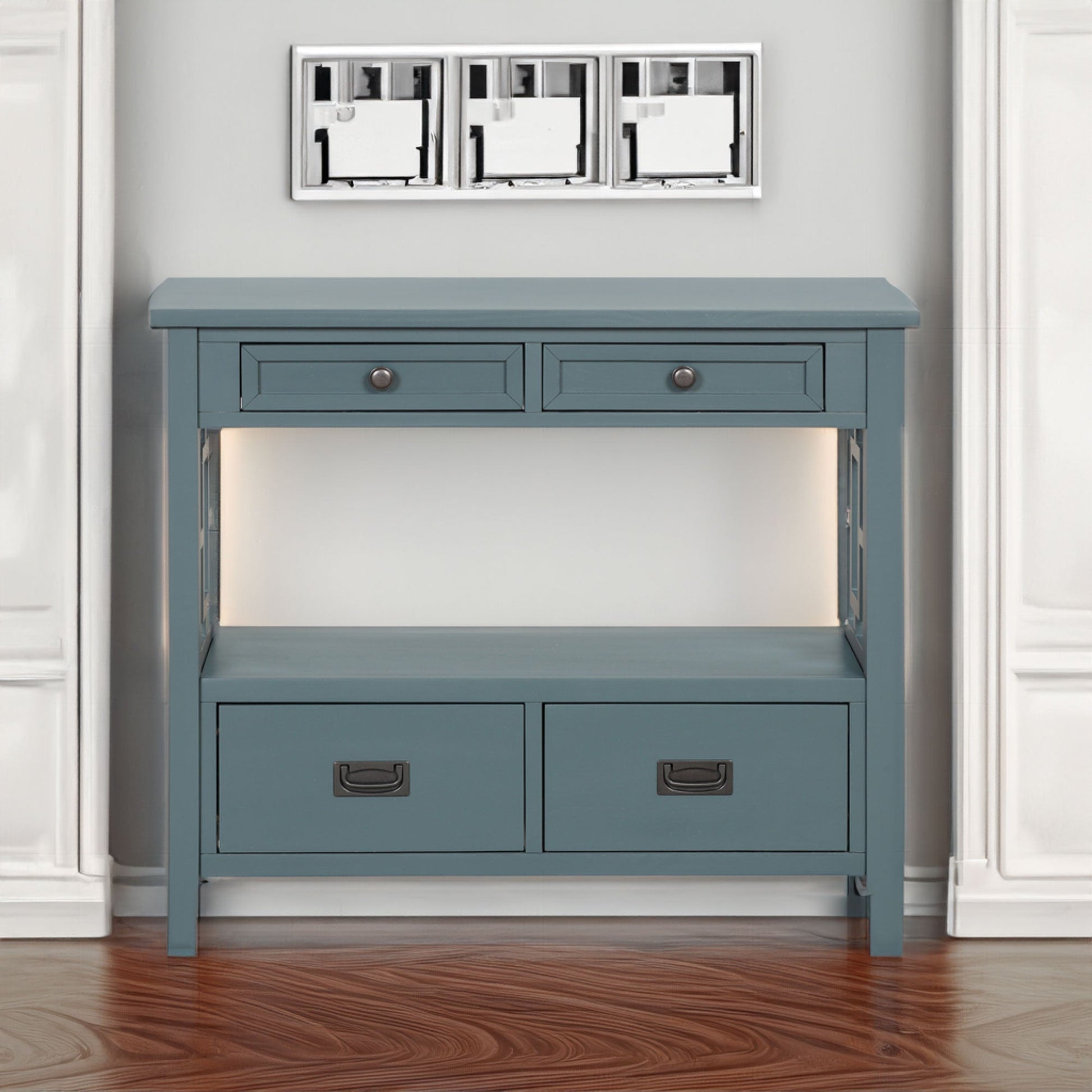 36'' Farmhouse Pine Wood Console Table Entry Sofa Table with 4 Drawers & 1 Storage Shelf ( Blue) - Korvel