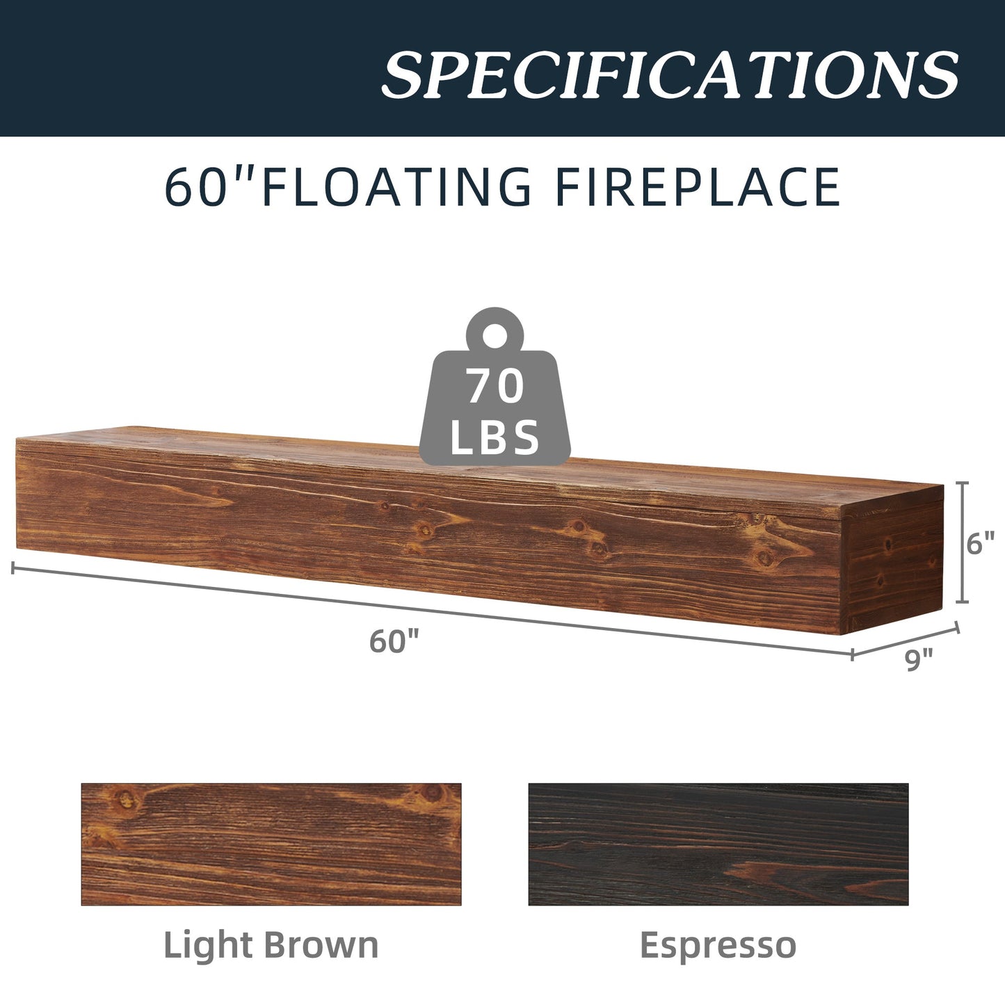60" Rustic Wood Fireplace Mantel - Wall-Mounted Floating Shelf