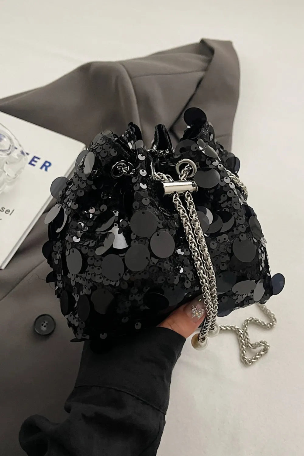 Drawstring Sequin Crossbody Bag - Korvel