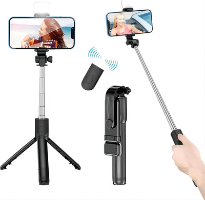 Selfie Stick with Fill Light Extendable Selfie Stick Tripod with Wireless Remote and Phone Holder Group Selfies For All  phones - Korvel