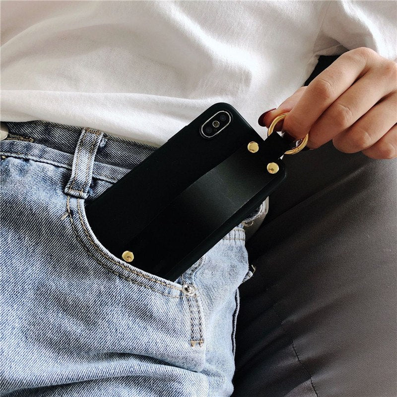 Funda de Silicona Suave Mate Morada Premium con Correa de Agarre para iPhone