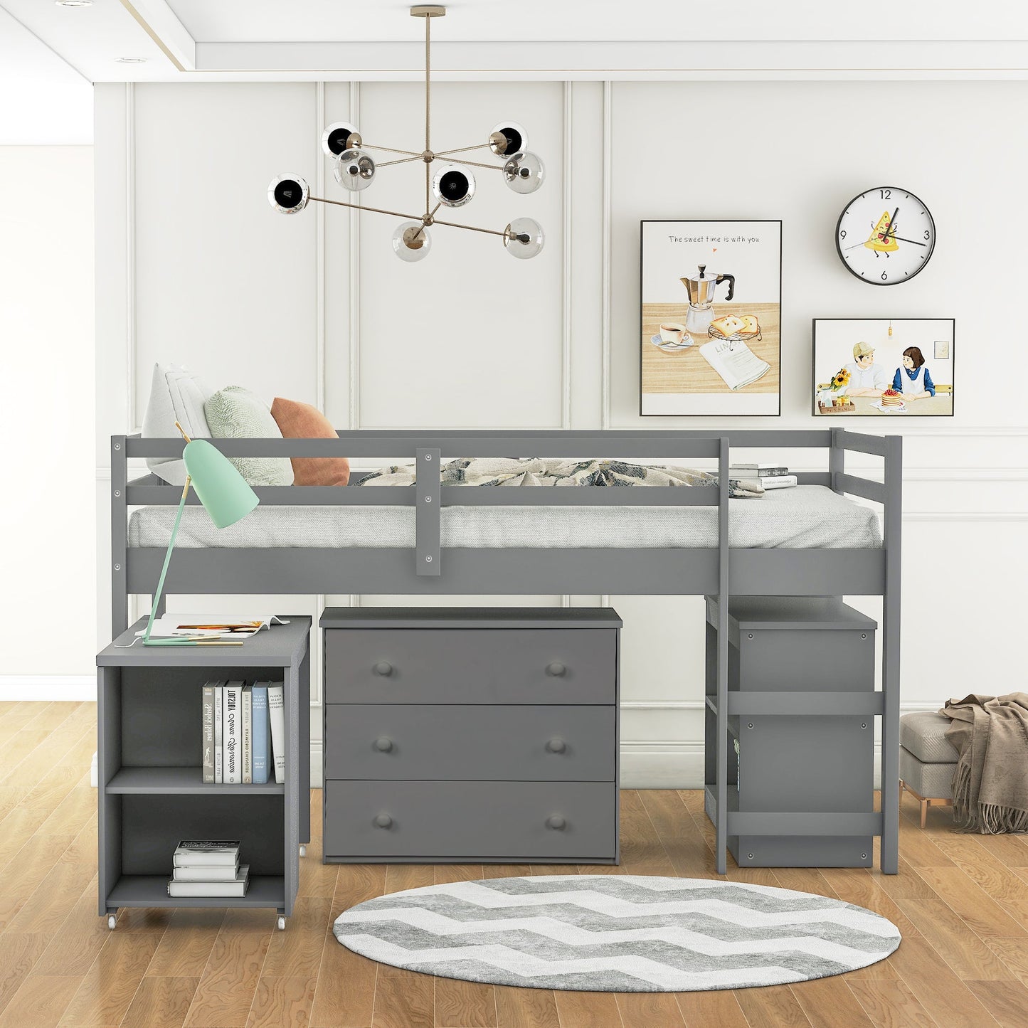 Low Study Twin Loft Bed with Cabinet and Rolling Portable Desk - Gray (OLD SKU :LP000113AAE) - Korvel