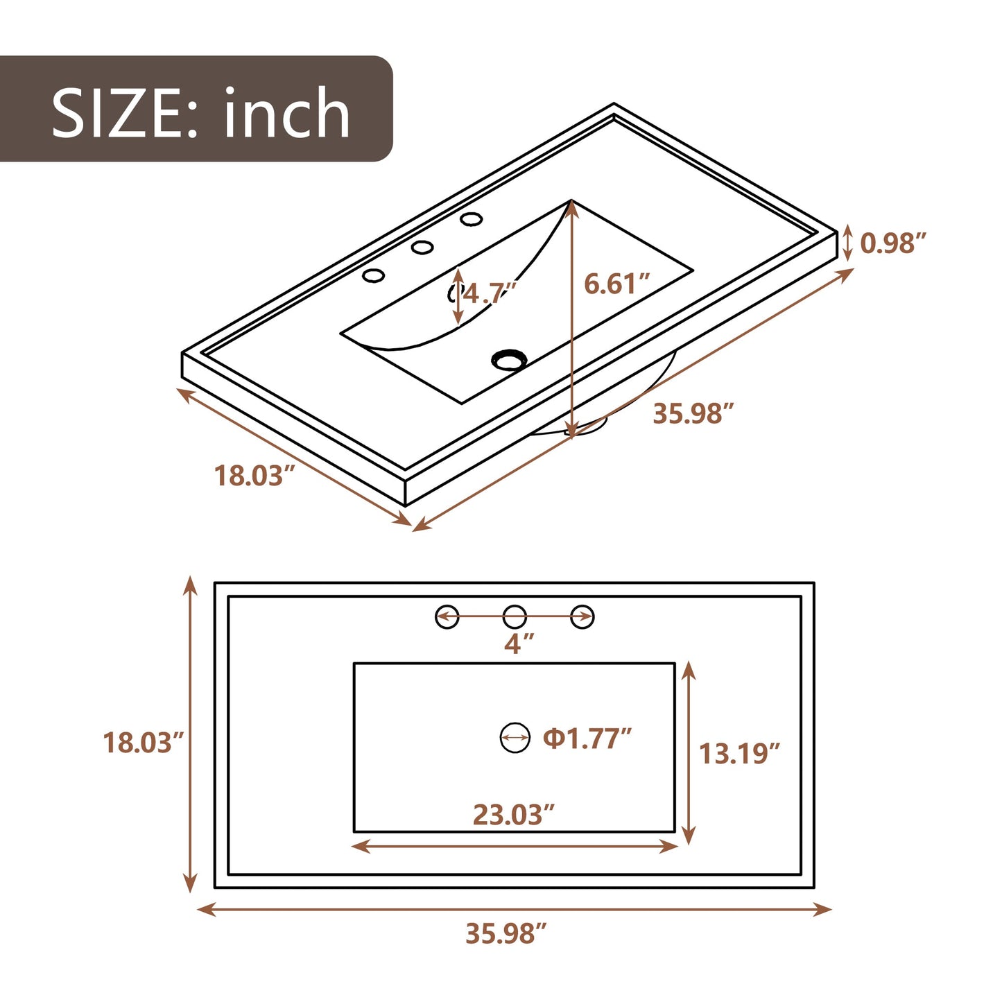 36" Single Bathroom Vanity Top with White Basin  3-Faucet Holes Ceramic  White - Korvel