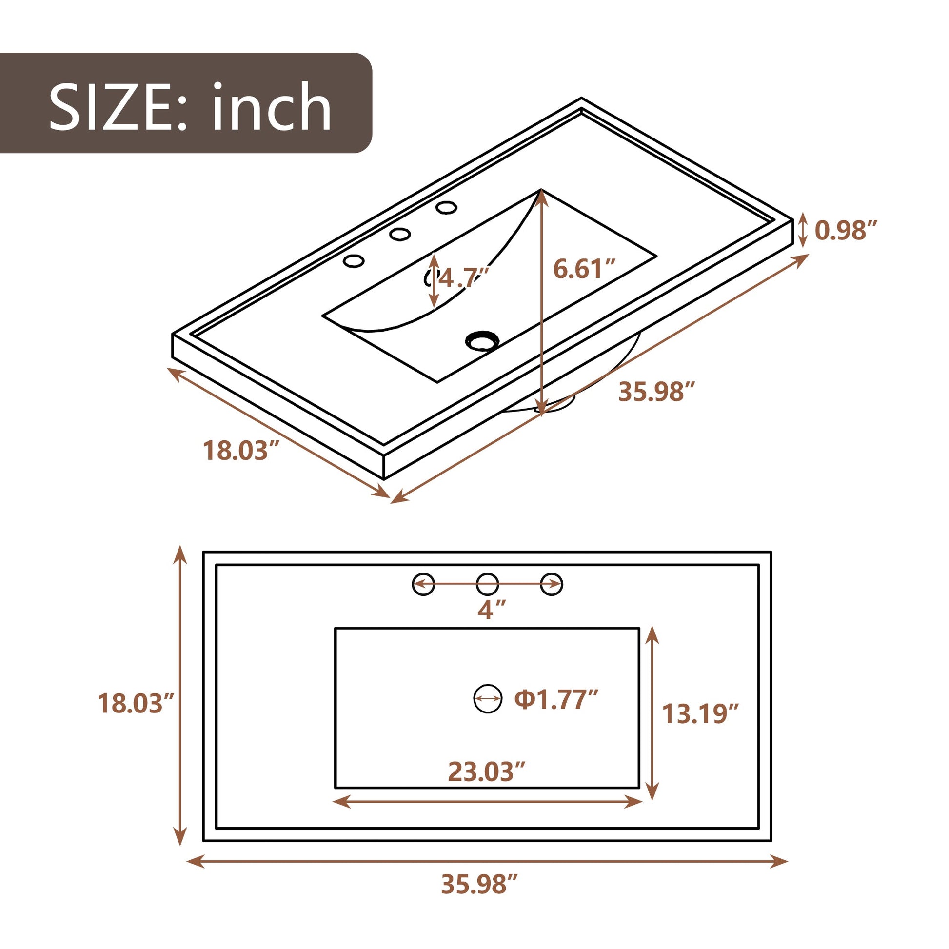 36" Single Bathroom Vanity Top with White Basin  3-Faucet Holes Ceramic  White - Korvel