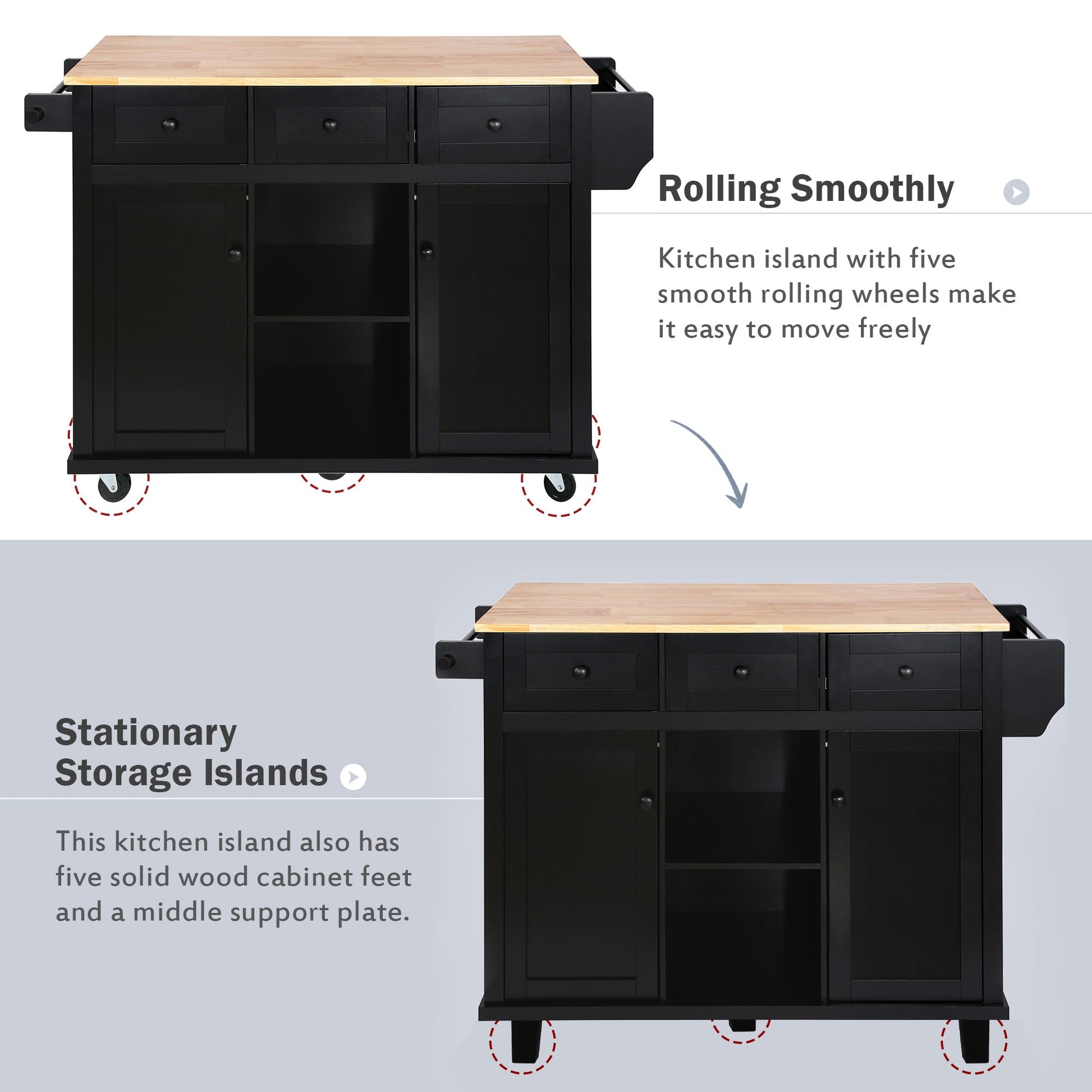 Kitchen trolley with rubber wood leaf countertop, 5-wheel kitchen island, storage cabinet and 3 dining drawers, black - Korvel