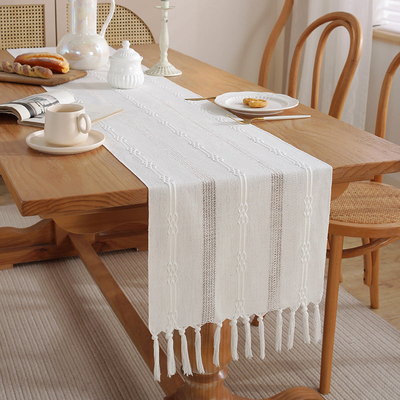 Hand - woven cotton and linen table flag with hollow tassels, suitable for household and rural dining tables - Korvel