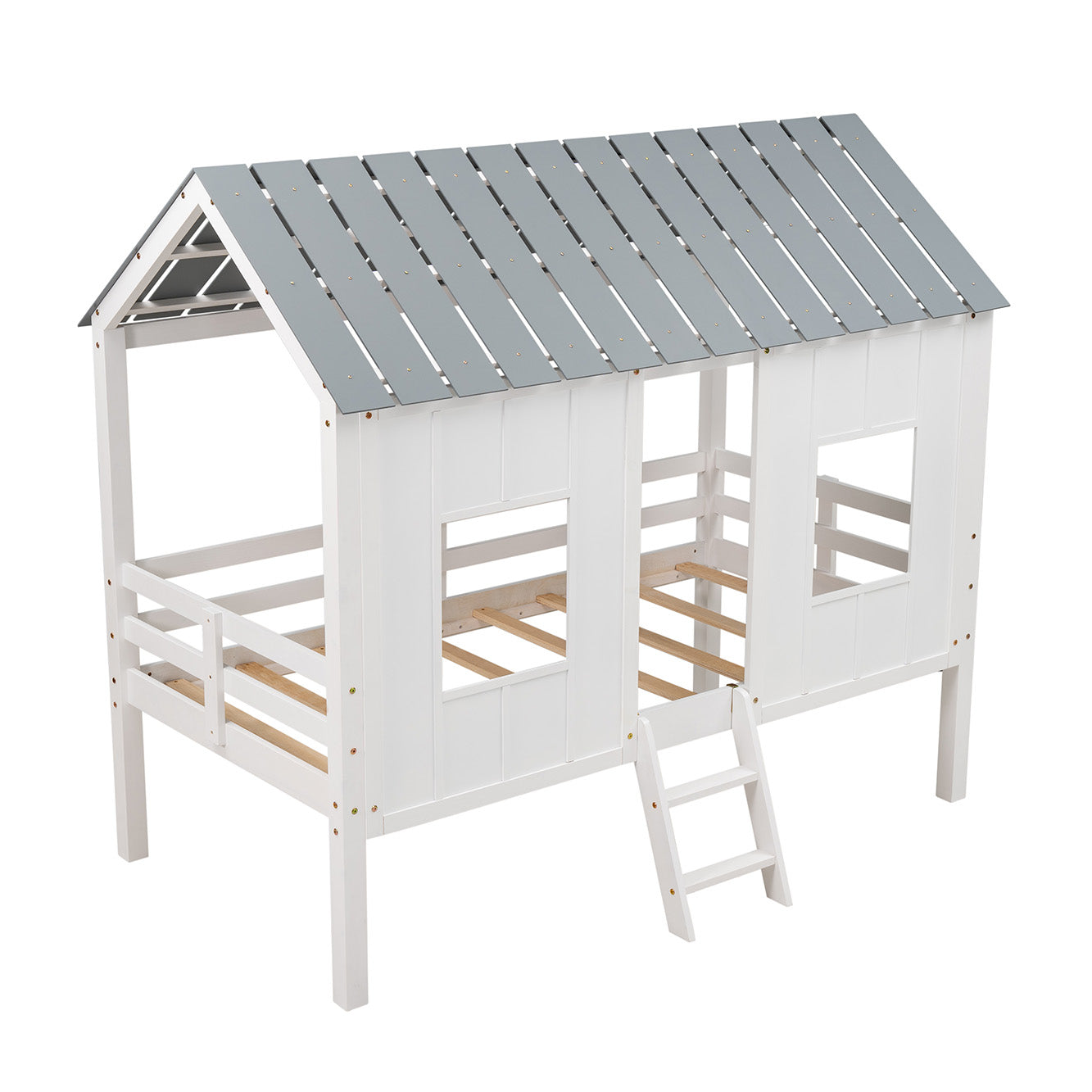 Twin Size Low Loft House Bed with Roof and Two Front Windows White - Korvel