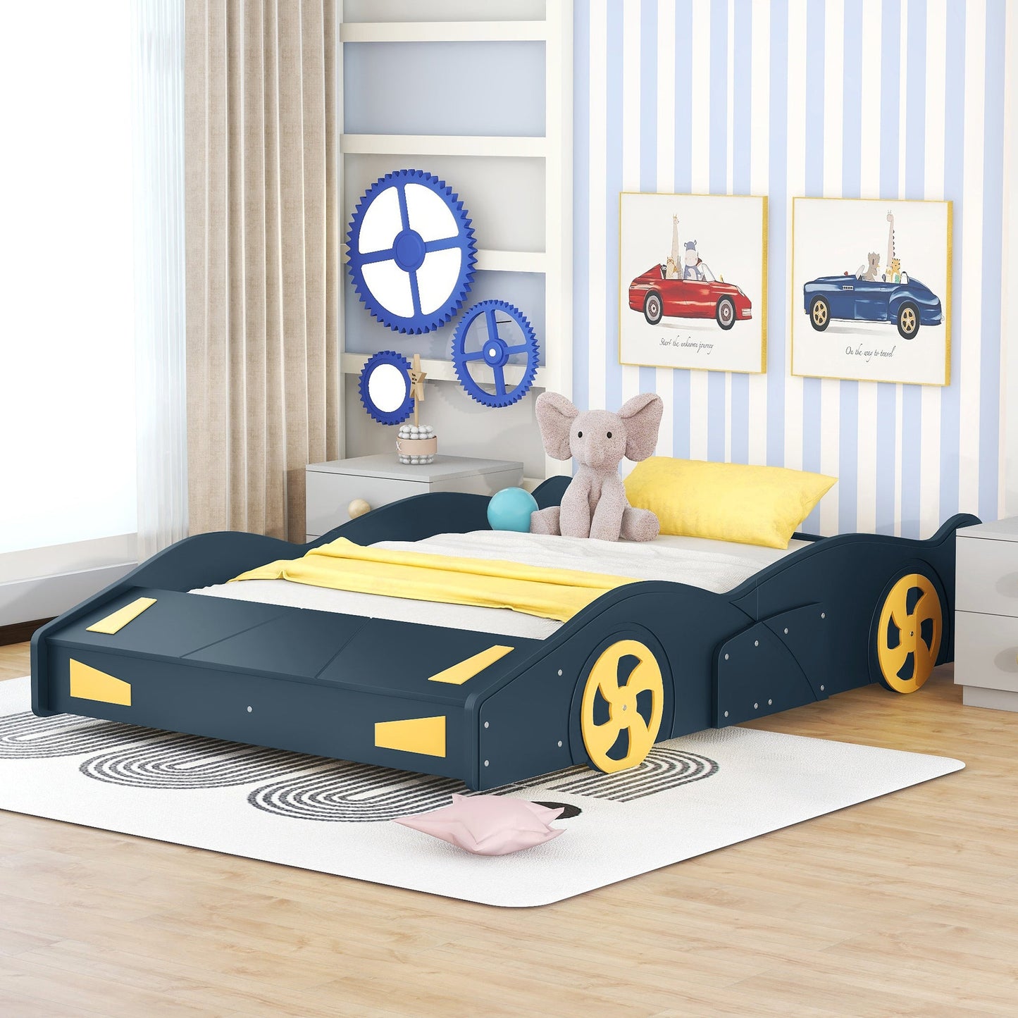 Full Size Race Car-Shaped Platform Bed with Wheels and Storage, Dark Blue+Yellow - Korvel