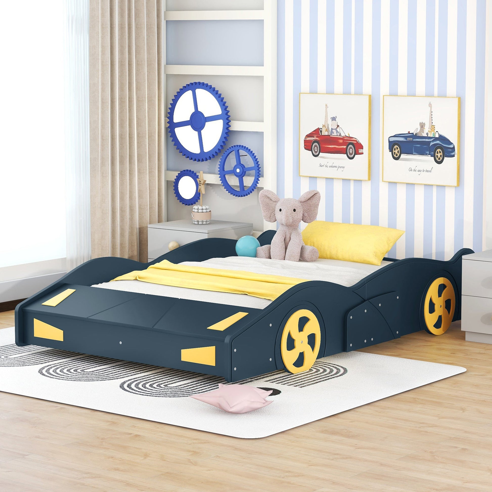 Full Size Race Car-Shaped Platform Bed with Wheels and Storage, Dark Blue+Yellow - Korvel
