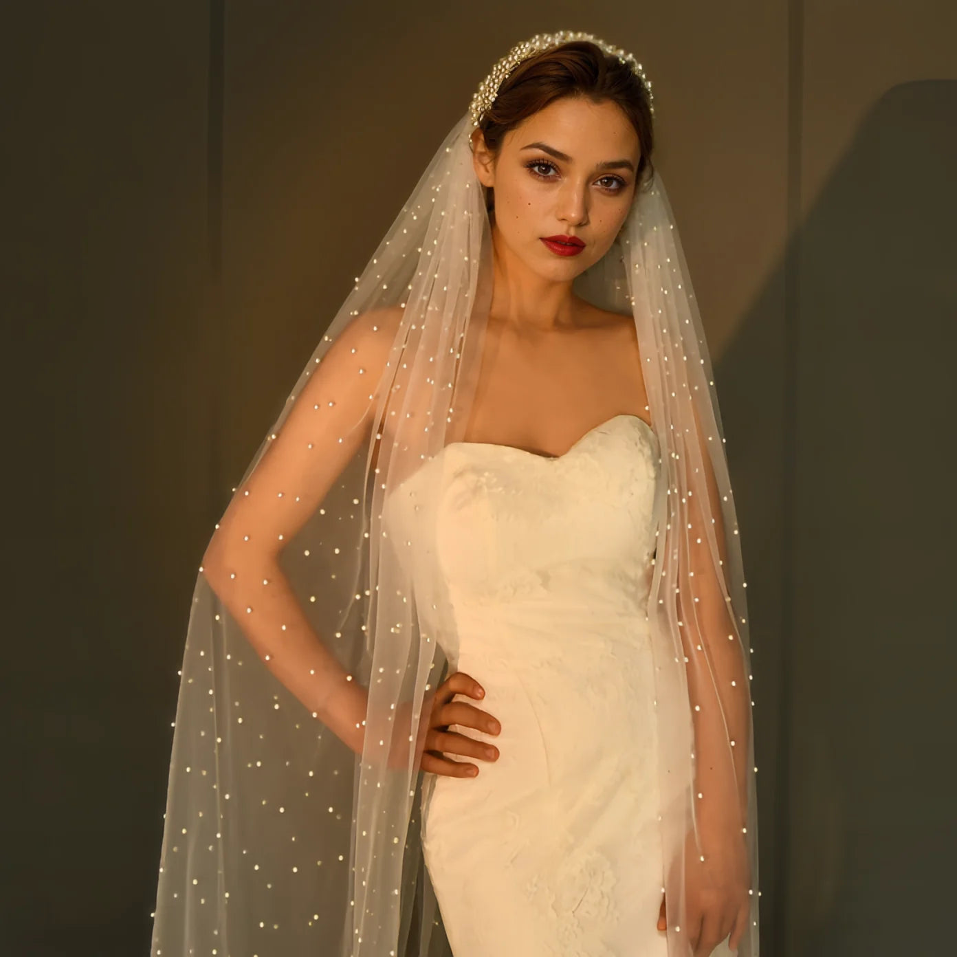 Pearl Hair Band Bridal Veils Extra Long Royal Cathedral Length Veil Wedding Veils with Comb Wedding Hair Accessories - Korvel