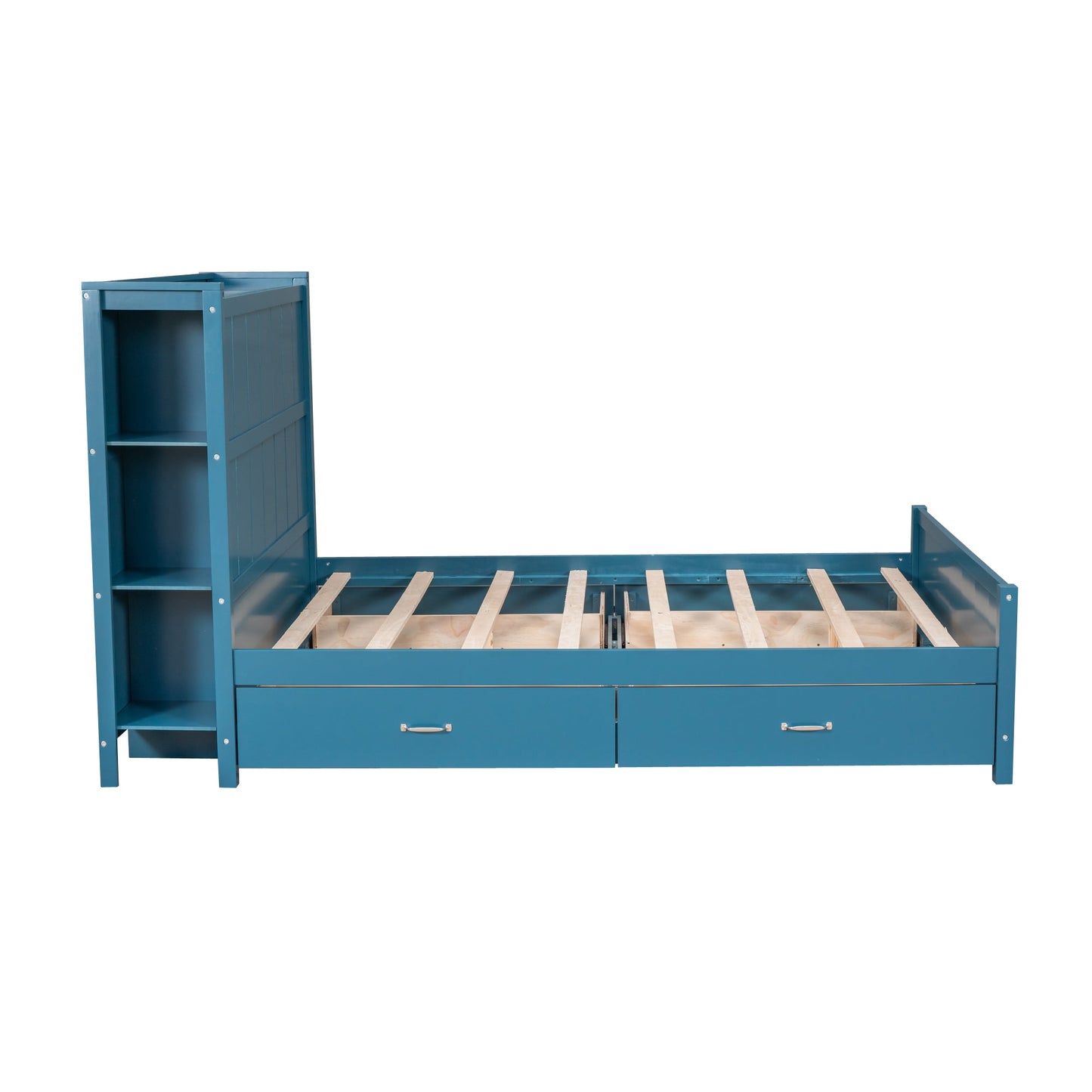 Lit plateforme bleu de taille complète avec tiroirs et étagères de rangement