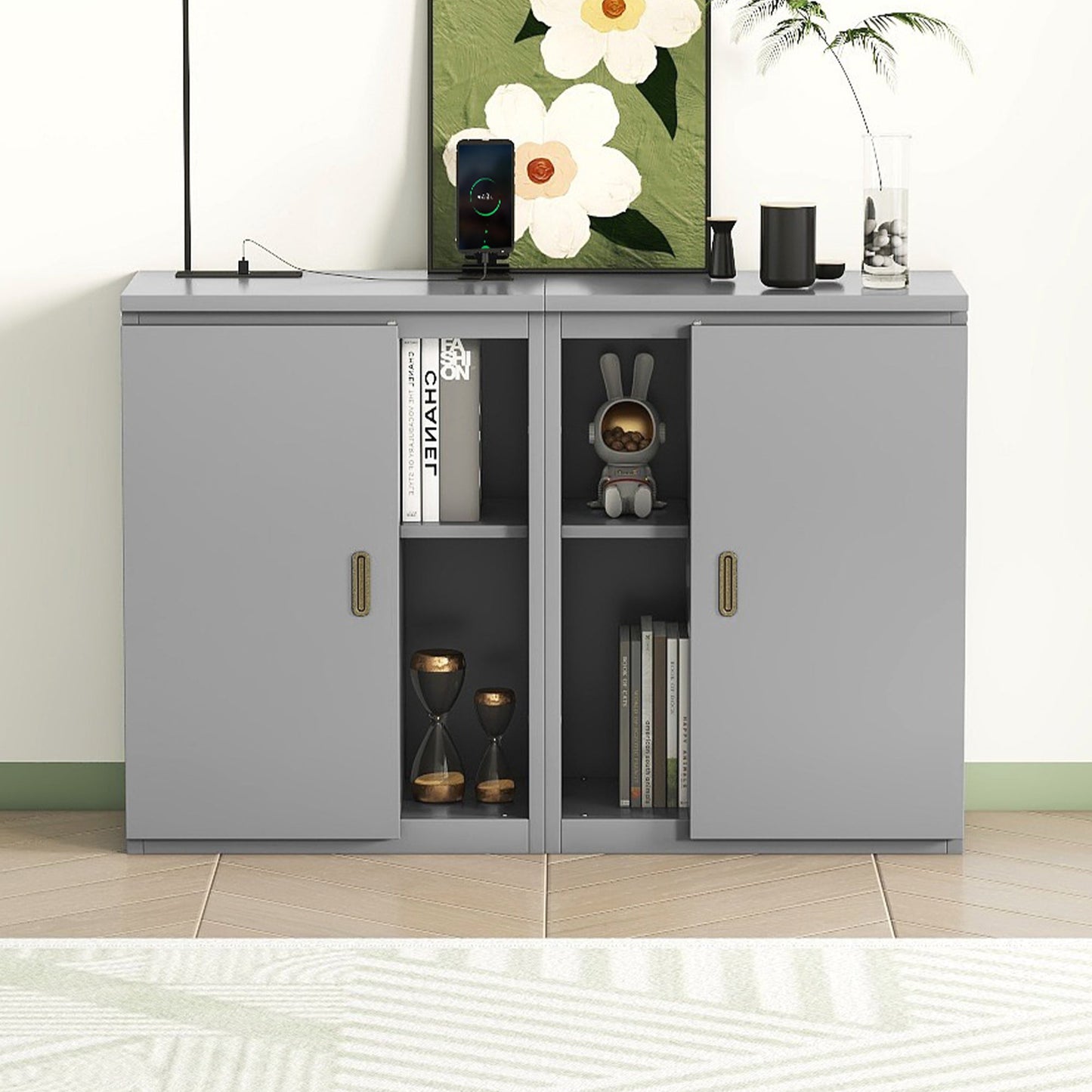 Queen Size Murphy Bed with Shelves, Cabinets and USB Ports,Gray - Korvel