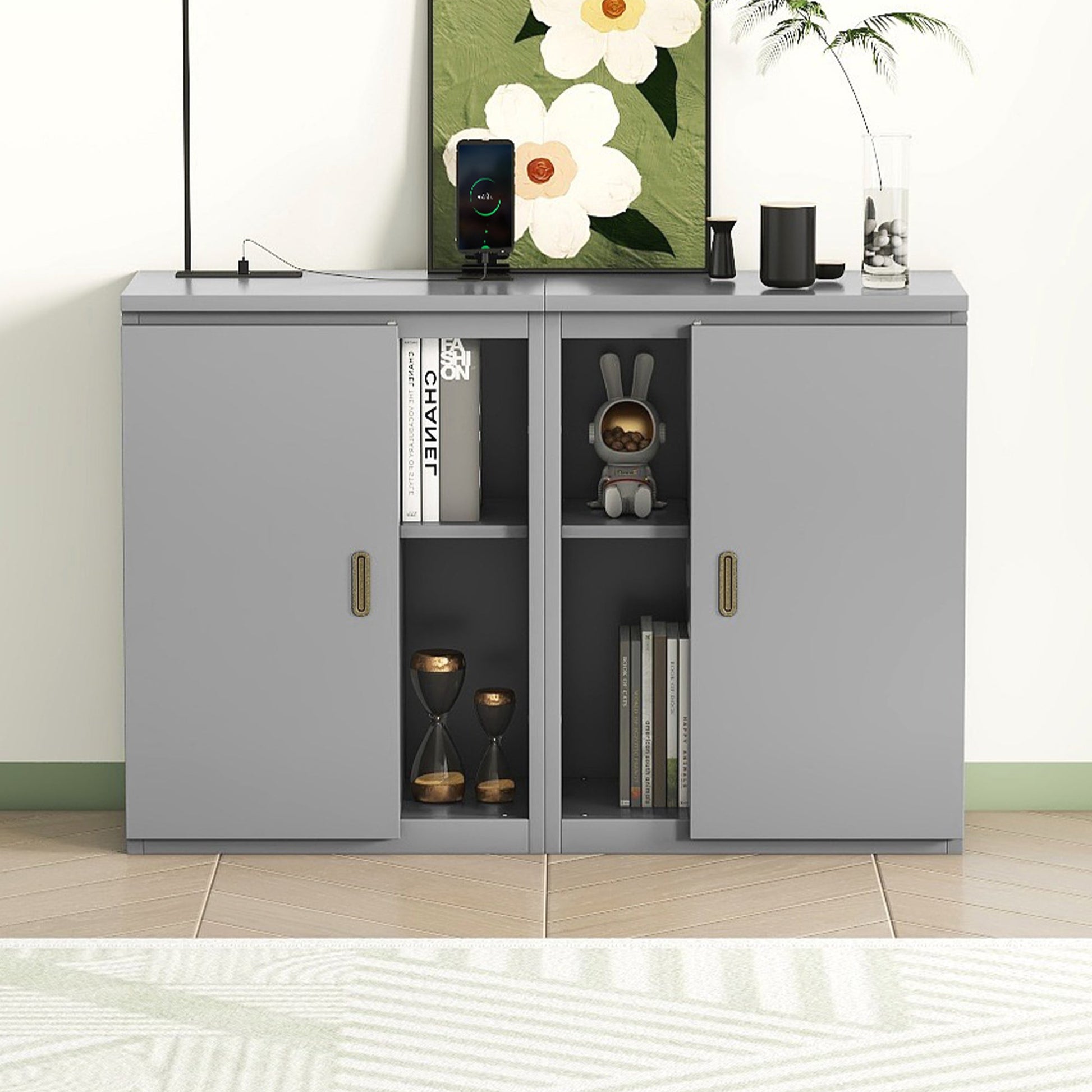 Queen Size Murphy Bed with Shelves, Cabinets and USB Ports,Gray - Korvel
