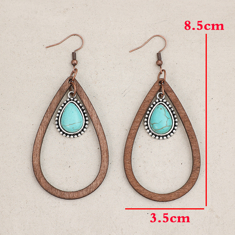 Wooden Turquoise Cutout Teardrop Earrings - Korvel