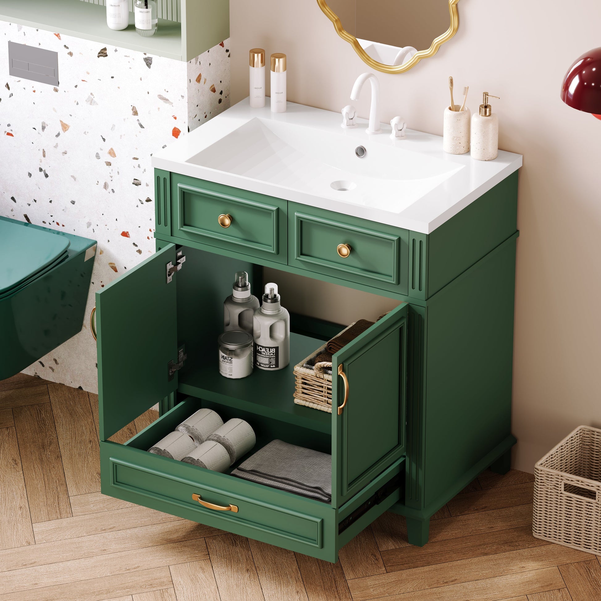 30 inch uncovered bathroom vanity with soft closed door, limited to solid wood frame bathroom storage cabinet green - Korvel