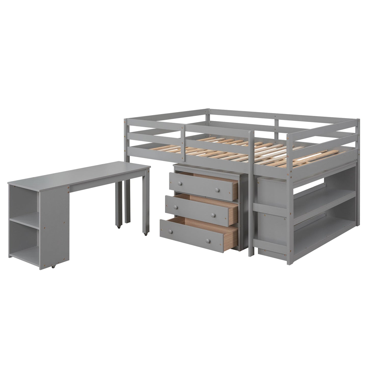 Low Study Full Loft Bed with Cabinet Shelves and Rolling Portable Desk Multiple Functions Bed- Gray - Korvel
