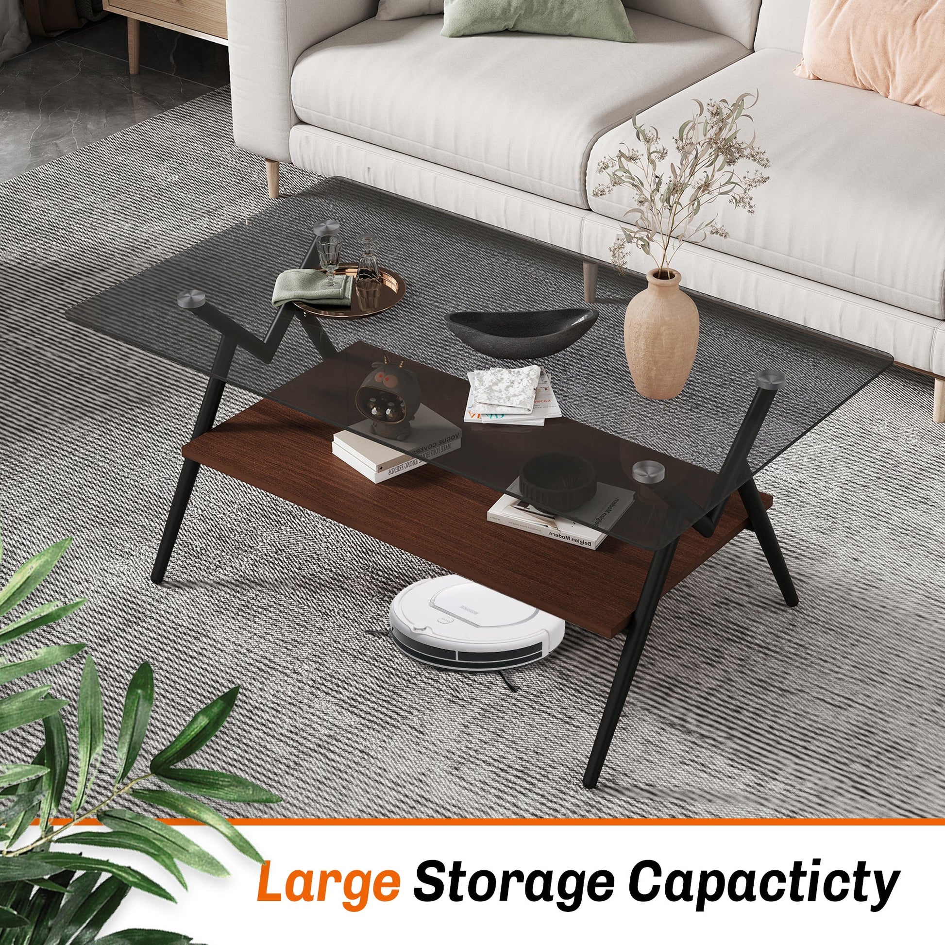 Rectangle Coffee Table with Tempered Glass top and Brown MDF Shelf, Modern Table for Living Room, Gray Glass - Korvel
