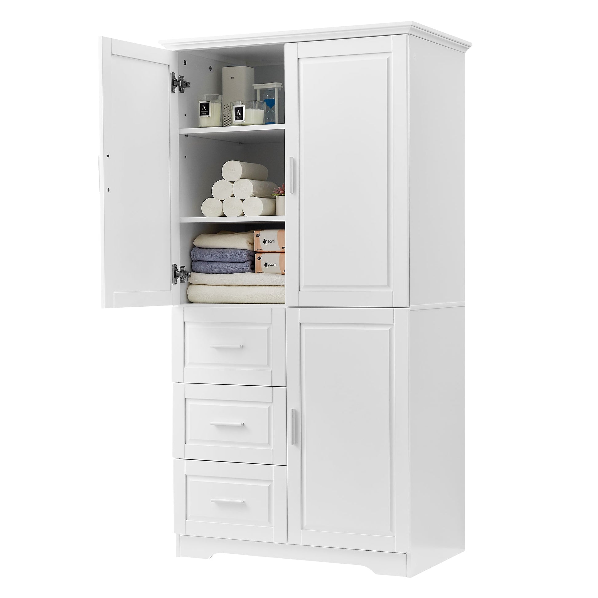 Tall and Wide Storage Cabinet with Doors for Bathroom/Office, Three Drawers, White - Korvel