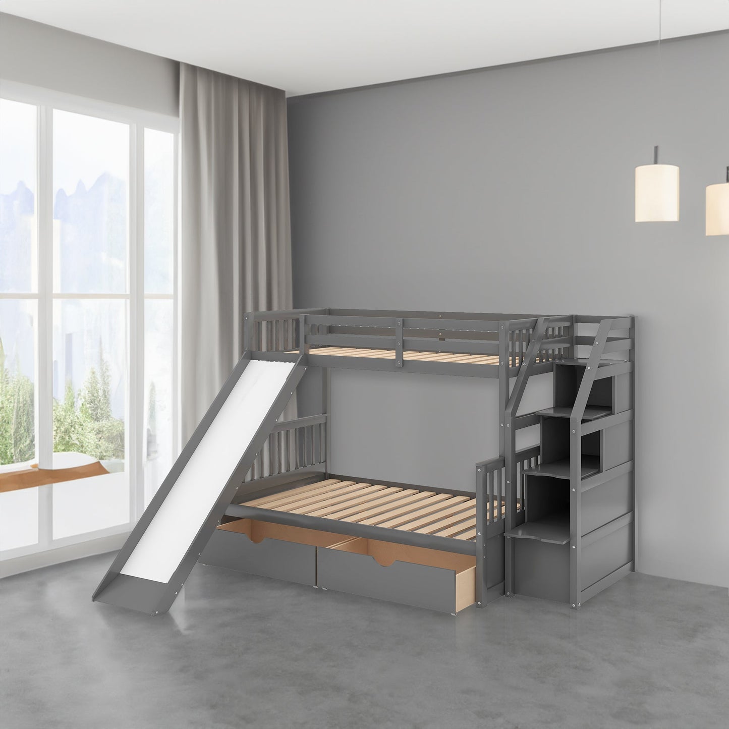 Lit superposé jumeau sur grand lit avec rangement et toboggan - Gris