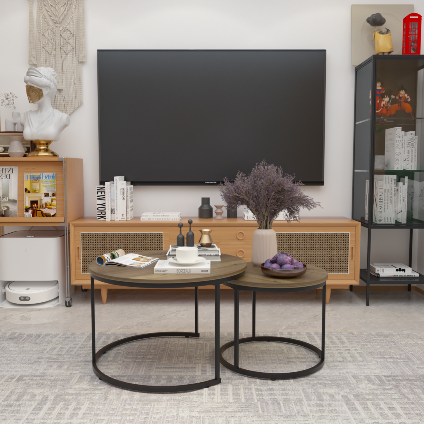 A set of nested coffee tables, 27.6-inch round coffee table, industrial wood veneer, with sturdy metal frame (brown) - Korvel