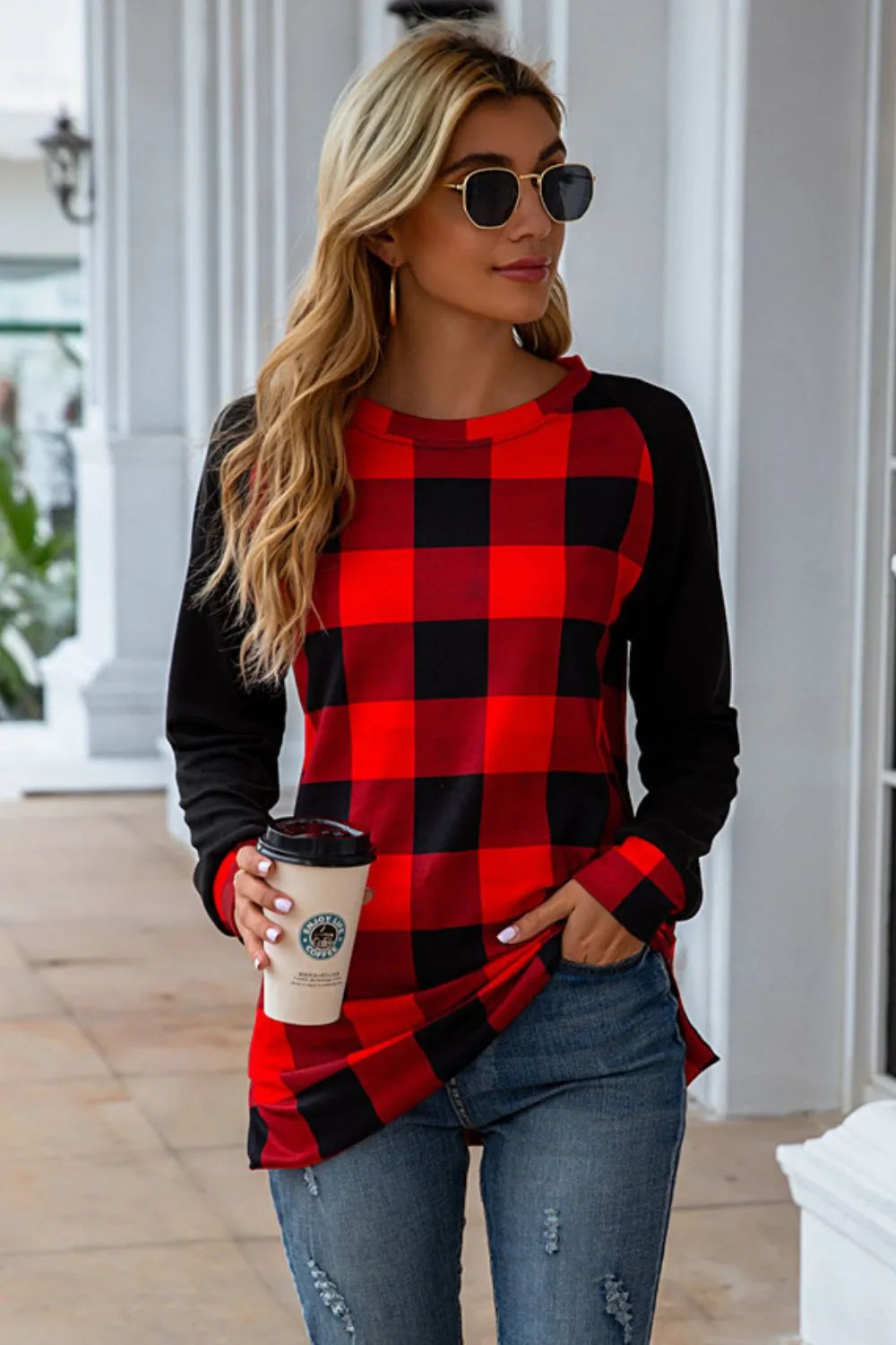 Plaid Round Neck Long Sleeve T-Shirt - Korvel