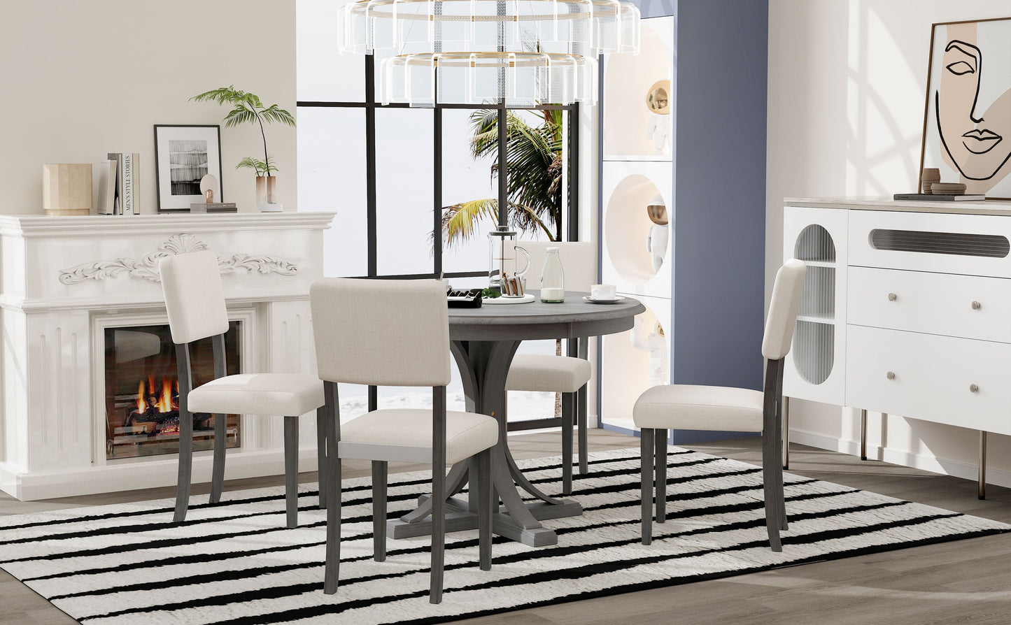 TREXM Five Piece Retro Round Dining Table Set with Curved Brackets and 4 Restaurant Cushioned Chairs (Dark Gray) - Korvel