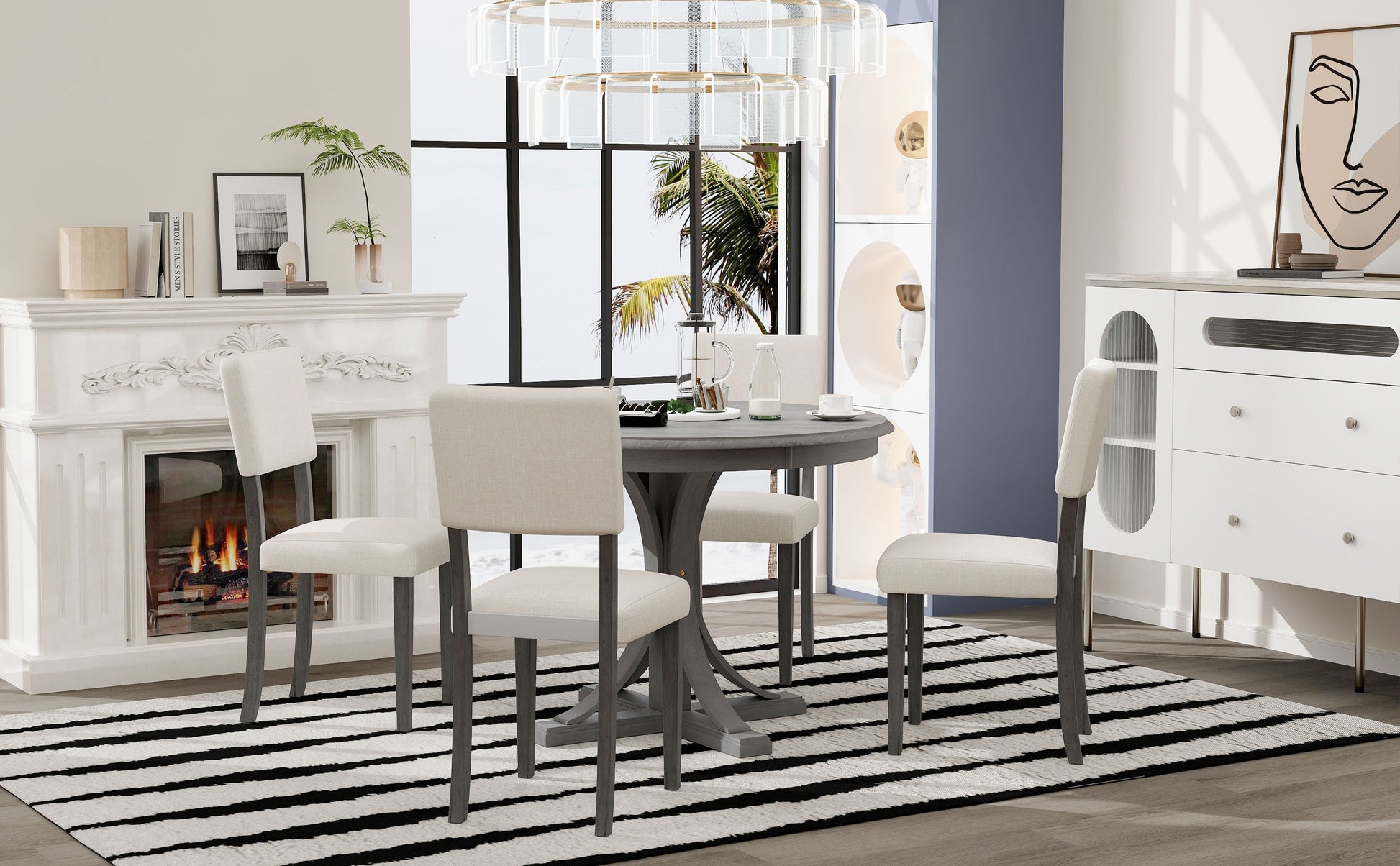 TREXM Five Piece Retro Round Dining Table Set with Curved Brackets and 4 Restaurant Cushioned Chairs (Dark Gray) - Korvel