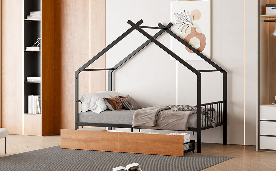 Twin Size Metal House Bed with Two Drawers - Black
