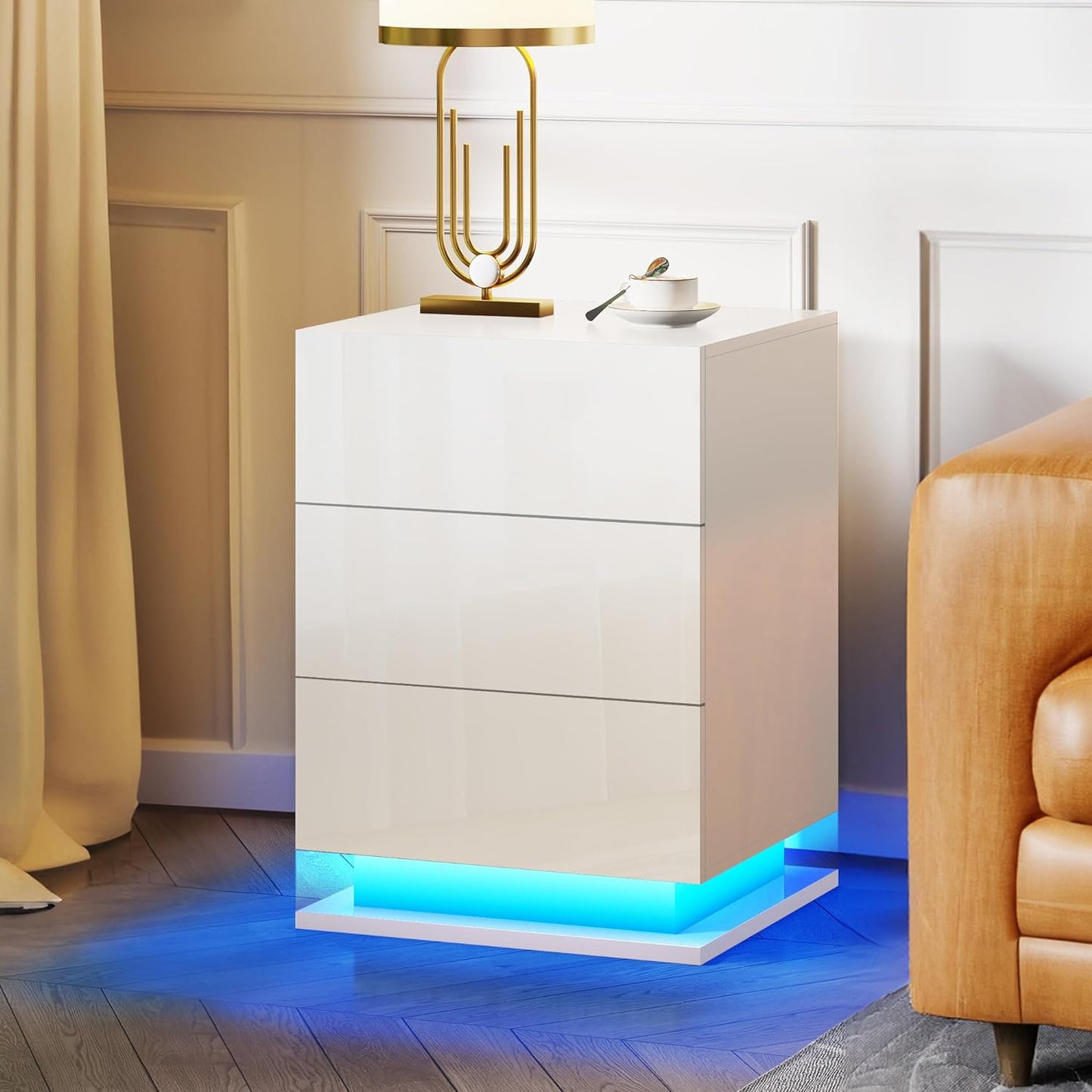 LED Nightstand with 3 drawers,White bedside Table ,Modern End Side Table for Bedroom - Korvel