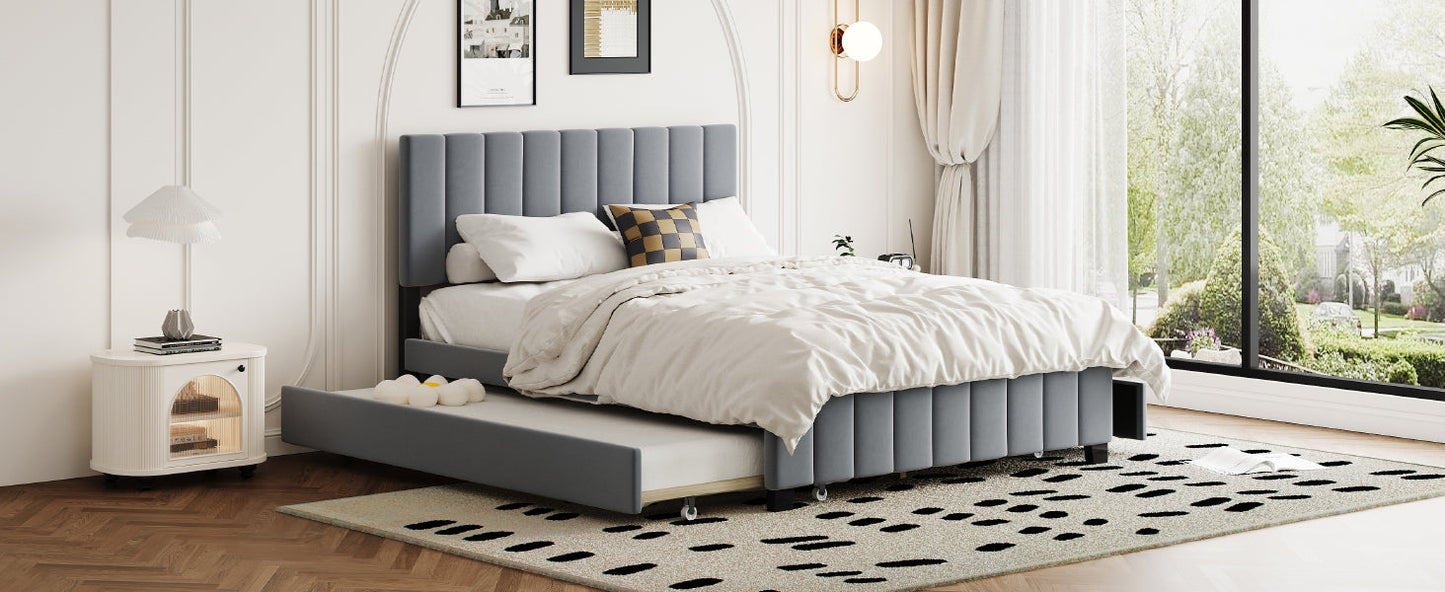 Queen Size Velvet Upholstered Platform Bed with 2 Drawers and 1 Twin XL Trundle- Gray - Korvel