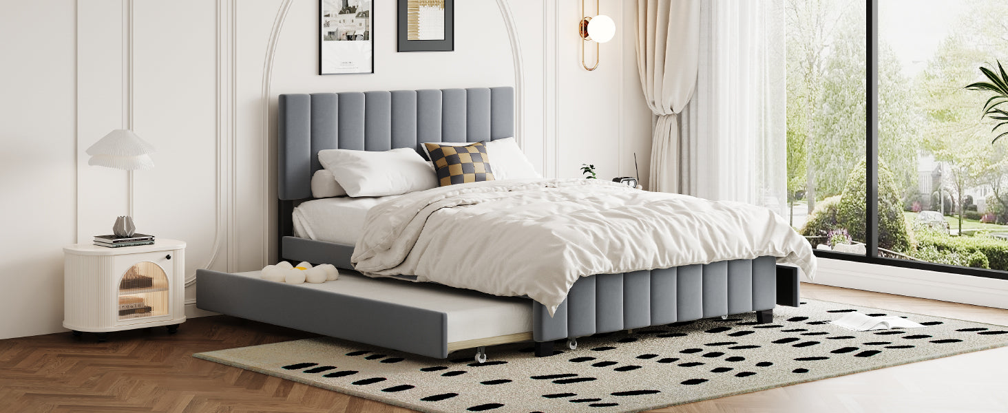 Queen Size Velvet Upholstered Platform Bed with 2 Drawers and 1 Twin XL Trundle- Gray - Korvel