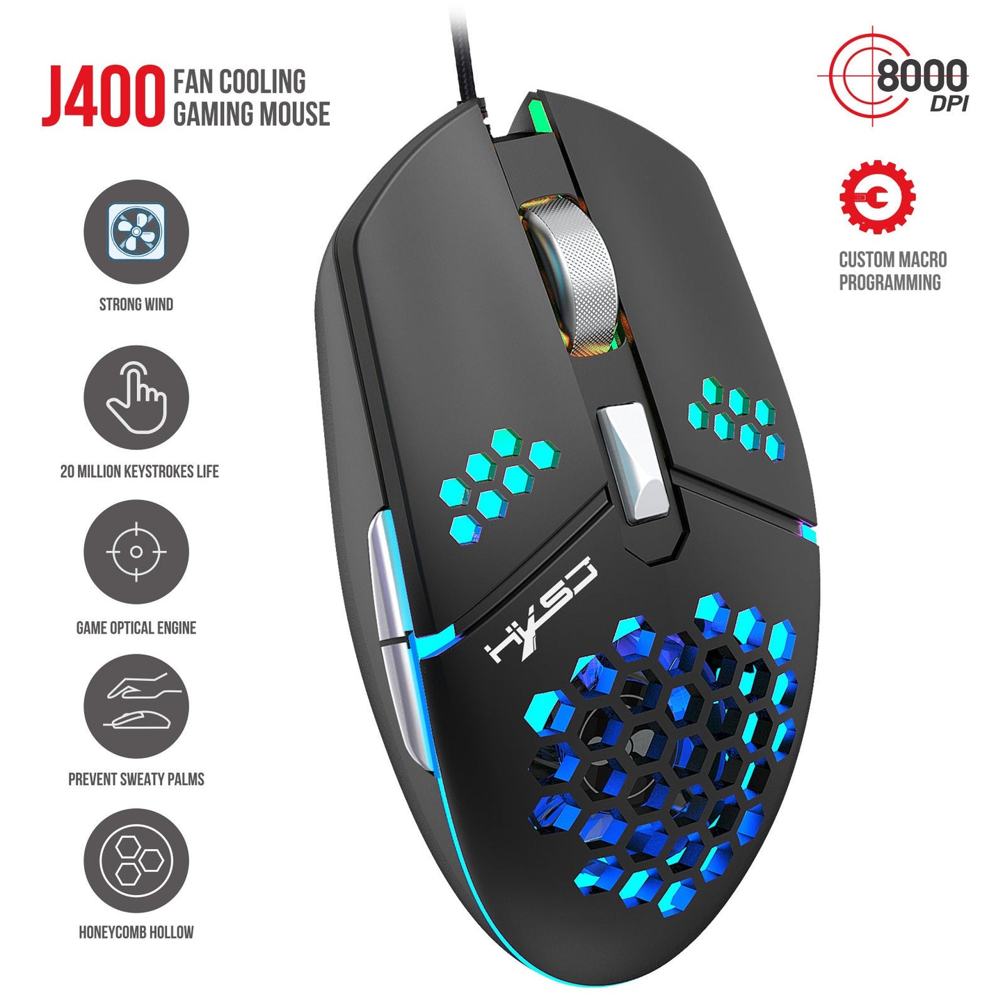 J400 new fan macro programming wired hole gaming mouse 8000dpi adjustable anti sweat design - Korvel