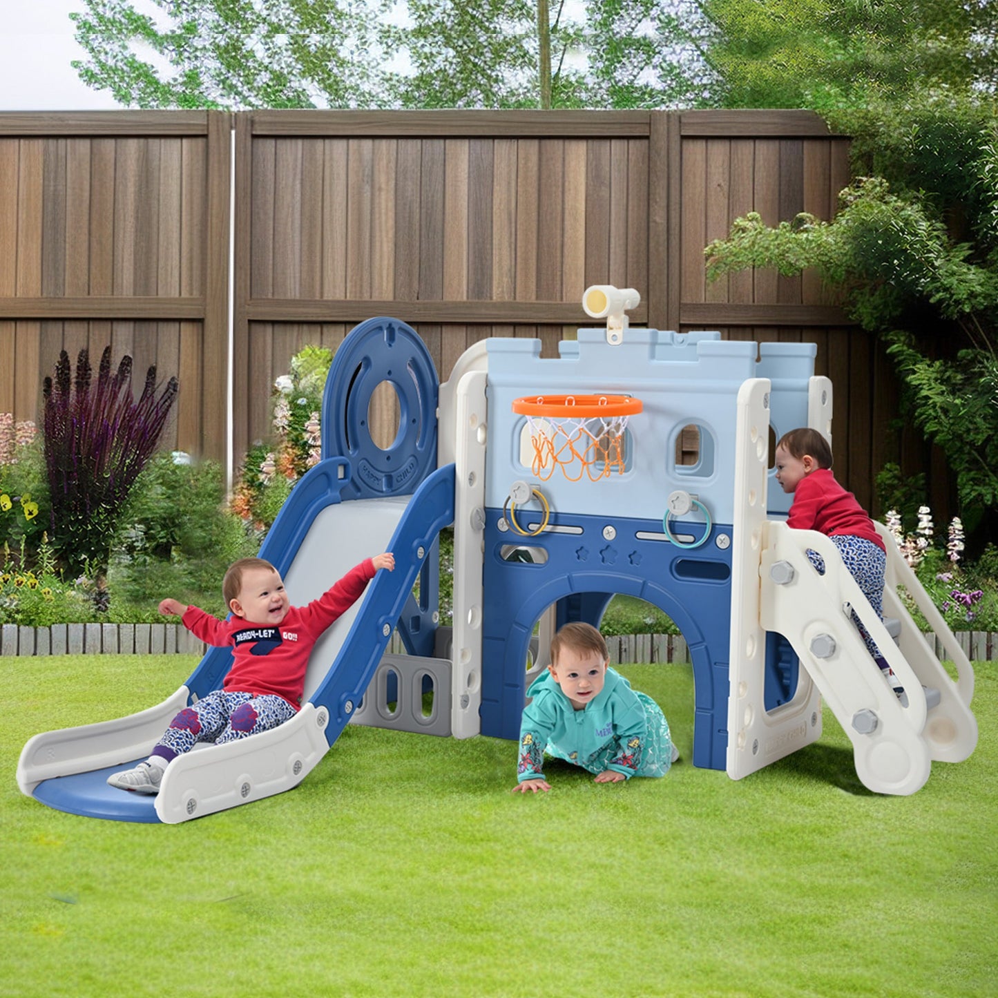 9-1 Toddler Slide Set,Kids Slide for Toddlers Ages 1+, Basketball Hoop, Tunnel and Storage Space, Pirate Ship Themed Slide - Korvel
