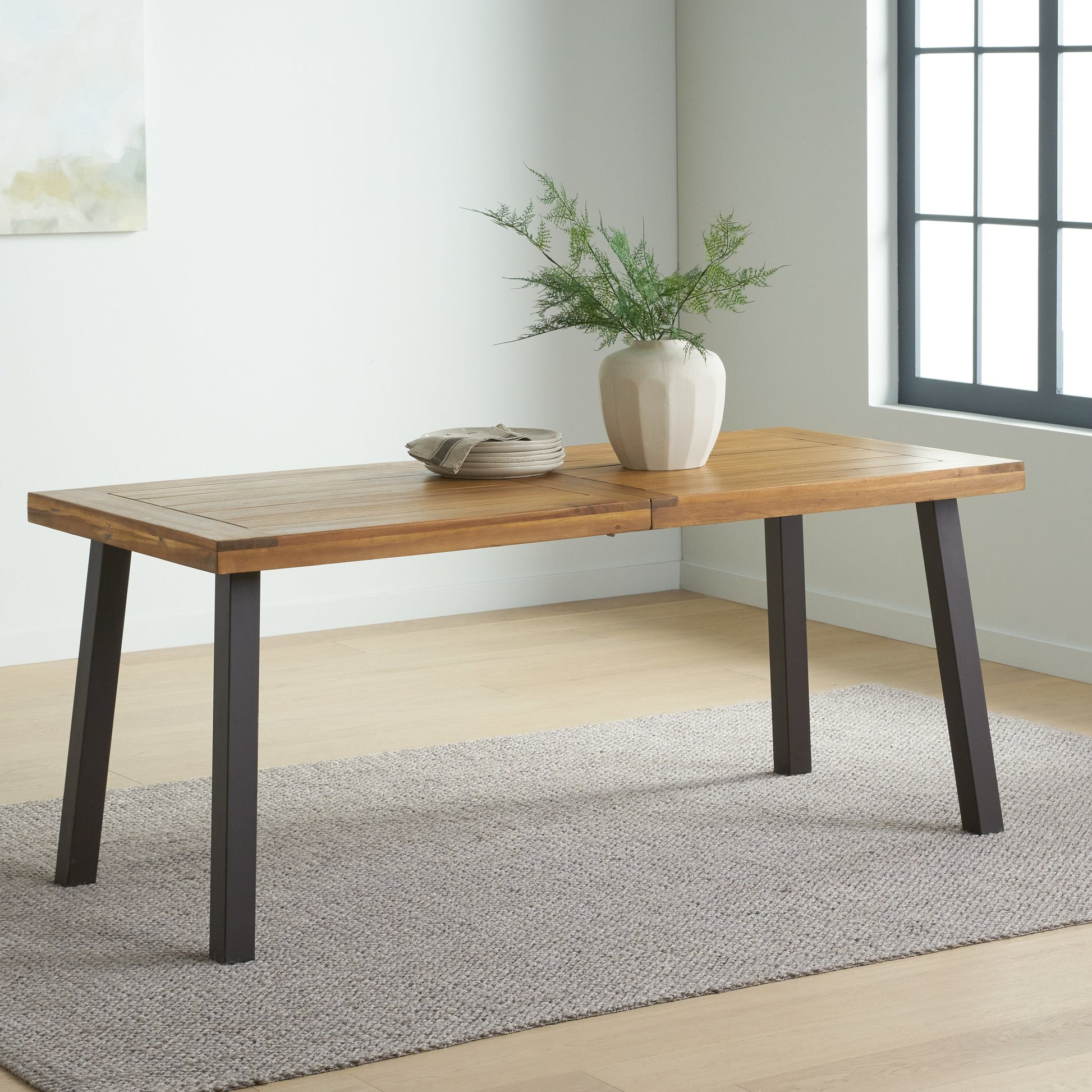 Della Acacia Wood Dining Table, Natural Stained with Rustic Metal, Brown, Grey - Korvel