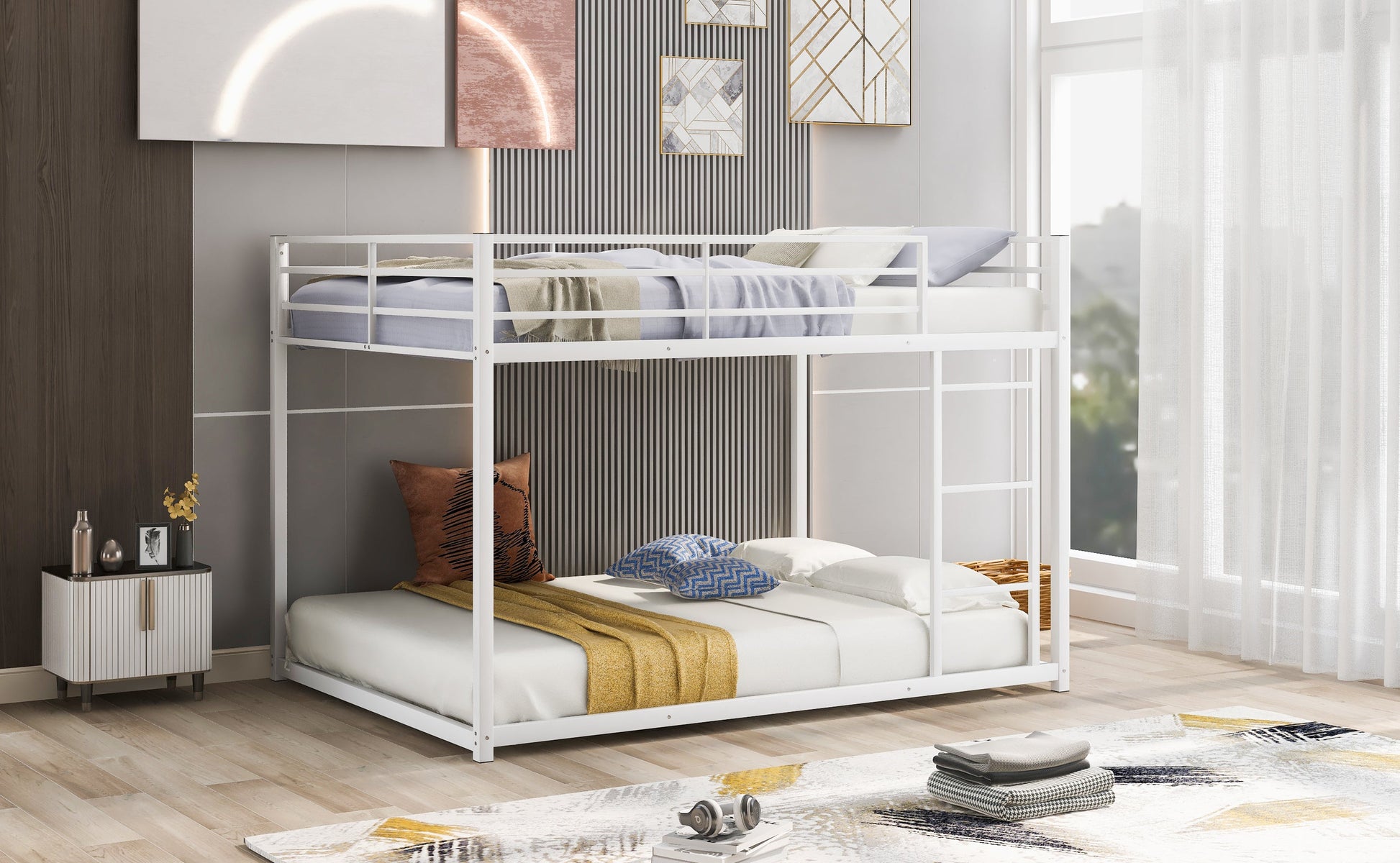 Full over Full Metal Bunk Bed, Low Bunk Bed with Ladder White - Korvel