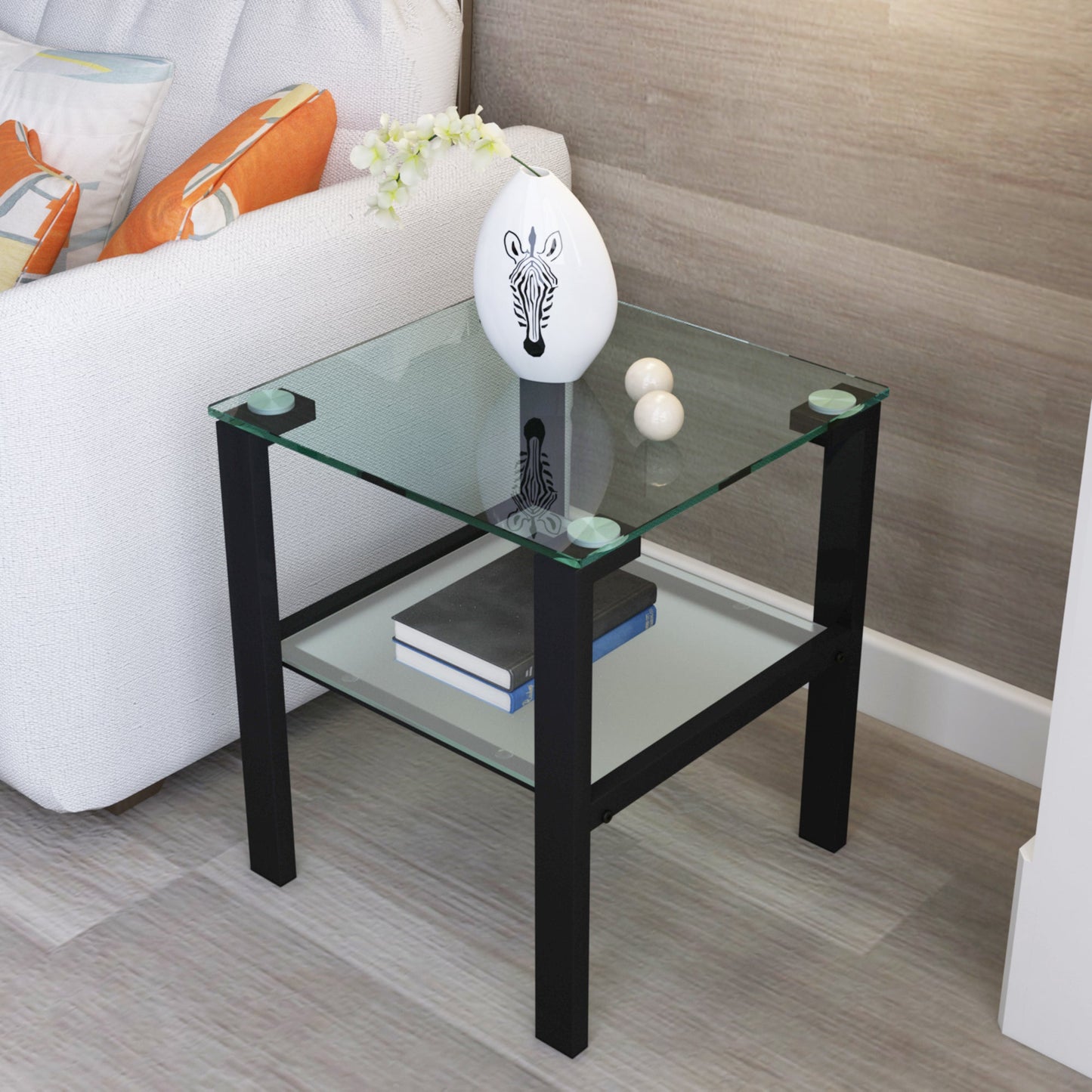 Glass two layer tea table, small round table, bedroom corner table, living room black side table - Korvel