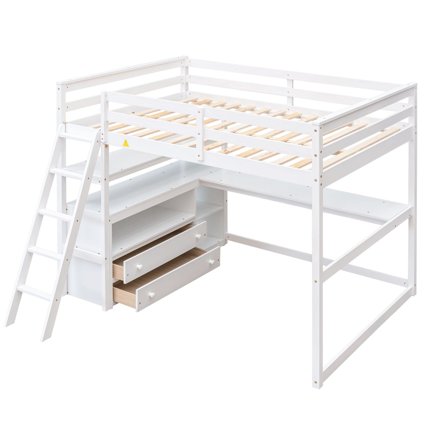 Cama loft de tamaño completo con escritorio y estantes, dos cajones incorporados