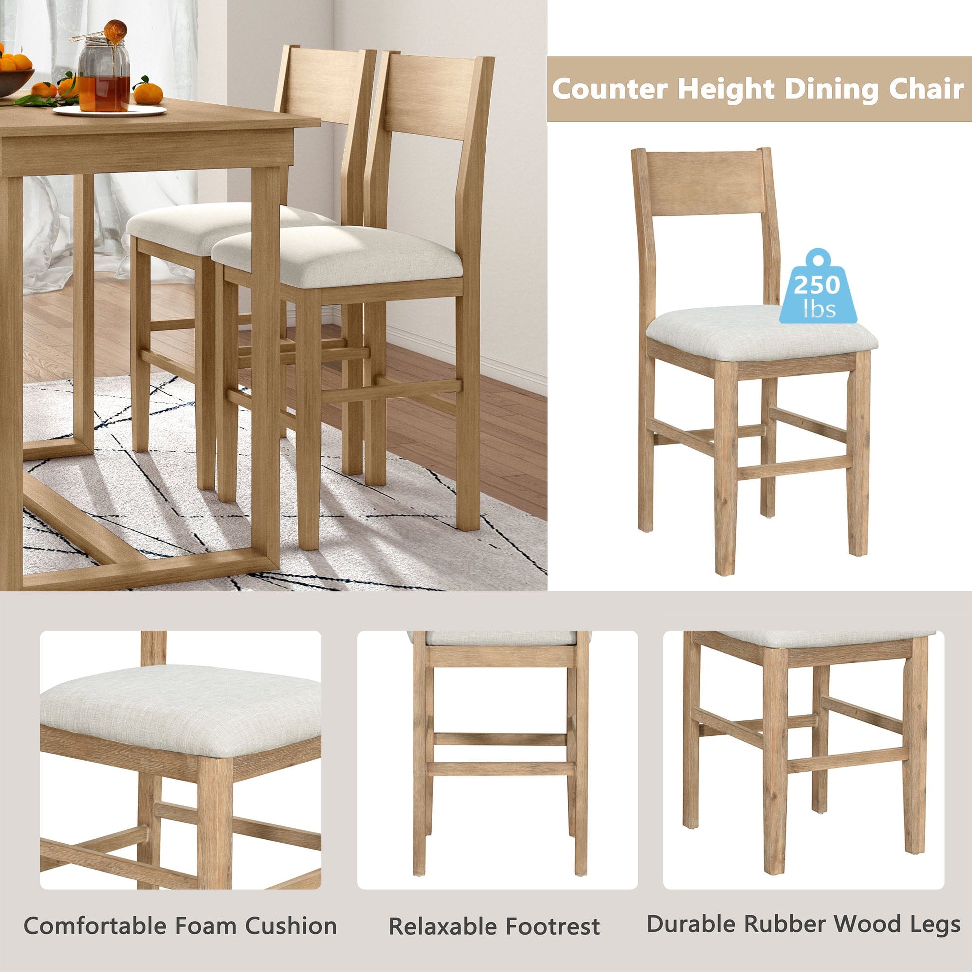 TOPMAX farmhouse countertop height 5-piece dining table set with 1 rectangular dining table and 4 brown dining chairs - Korvel