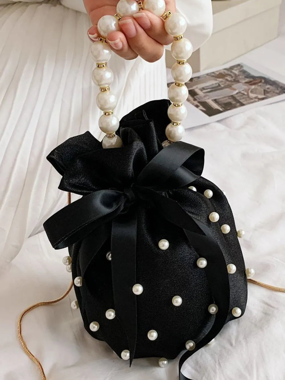 Pearl Detail Solid Color Bucket Bag - Korvel