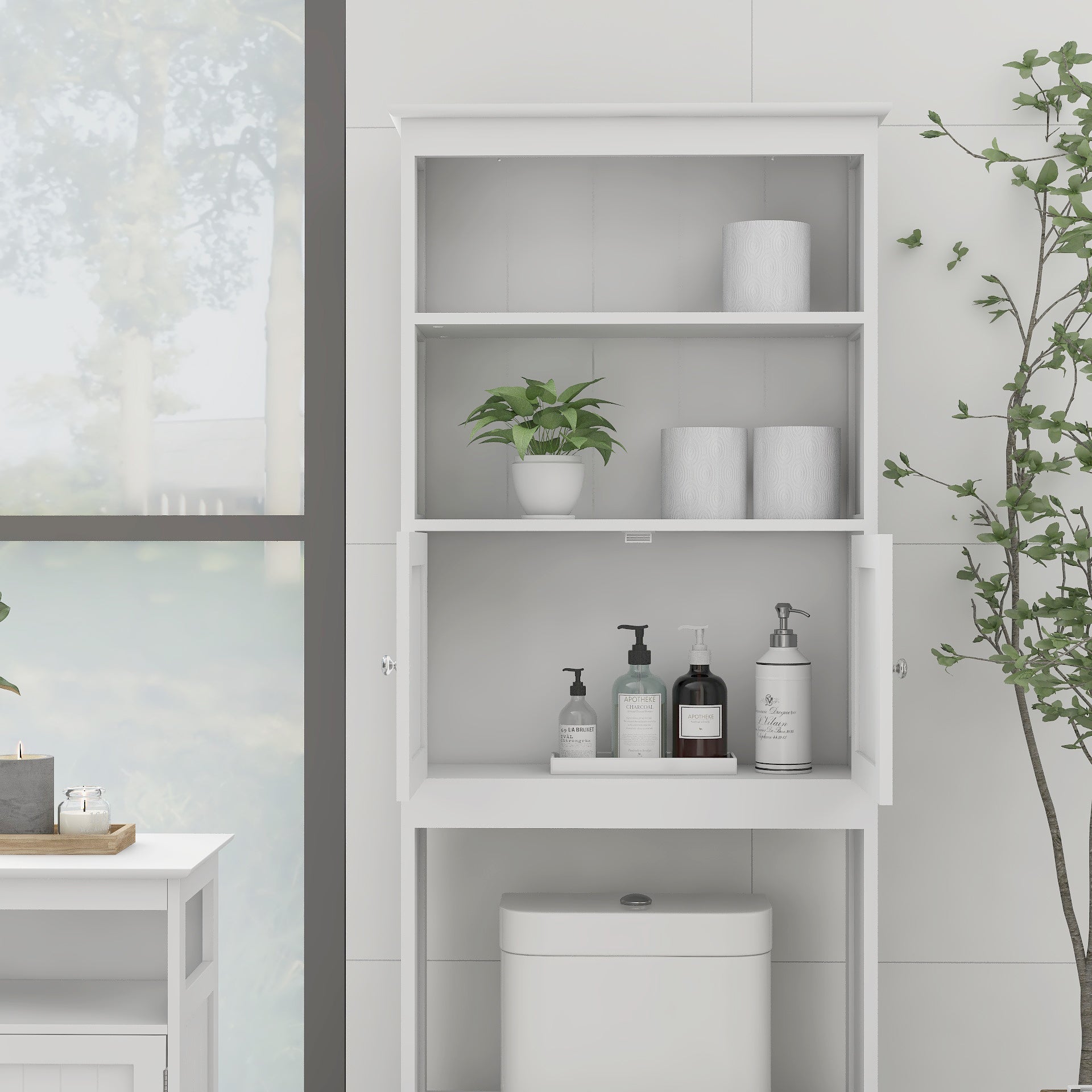 Over The Toilet Rack 2 -Tier Toilet Bathroom Spacesaver Storage Shelf with 2 Doors Wood Storage Organizer Cabinet - Korvel