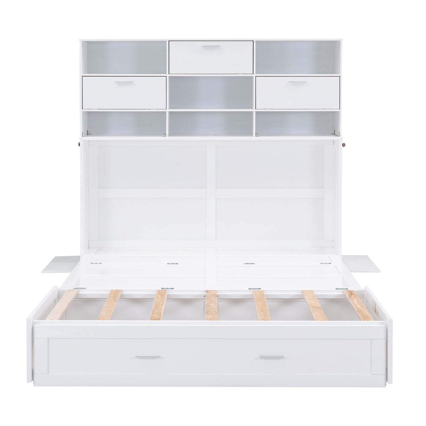 ueen Size Murphy Bed with Bookcase, Bedside Shelves and a Big Drawer, White - Korvel