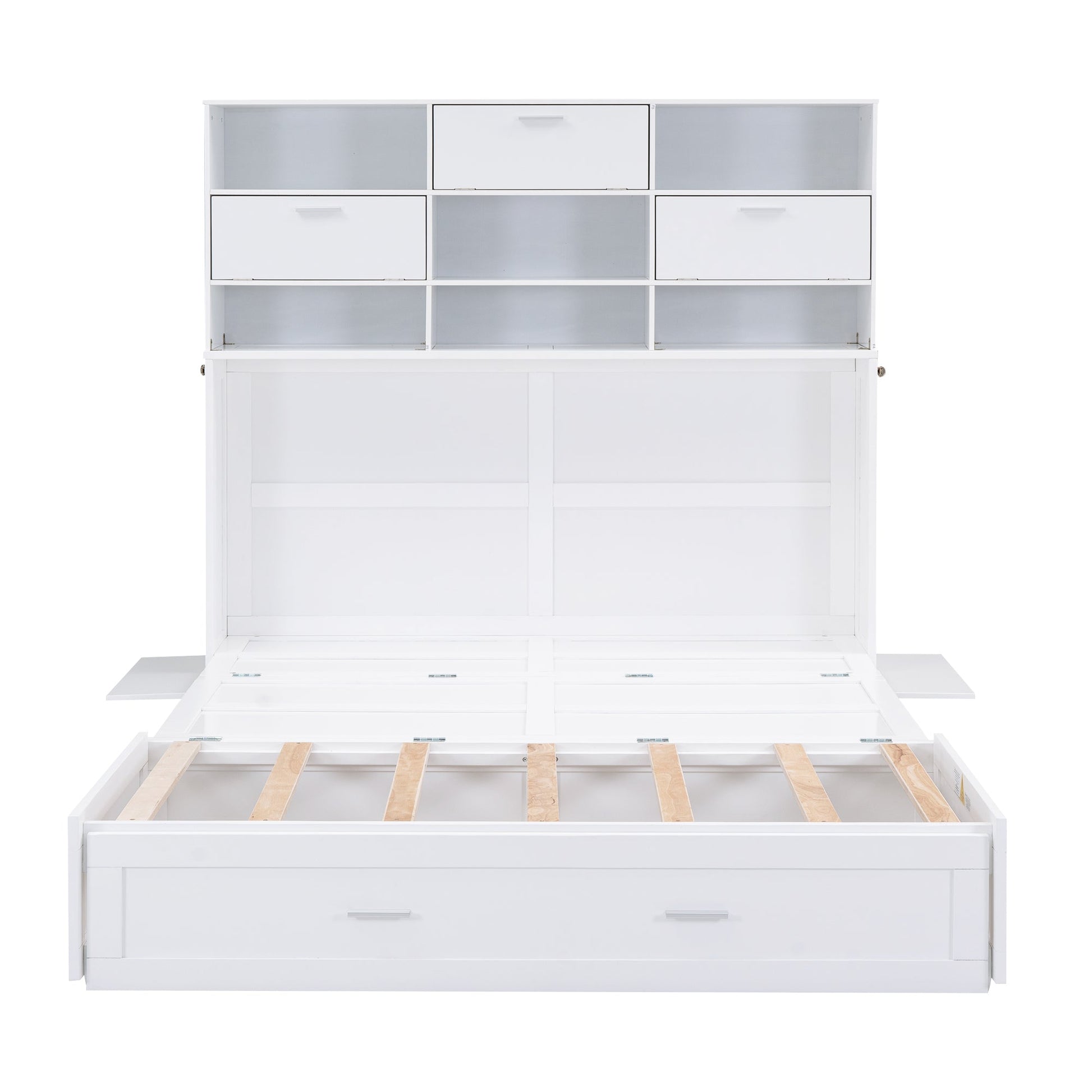 ueen Size Murphy Bed with Bookcase, Bedside Shelves and a Big Drawer, White - Korvel