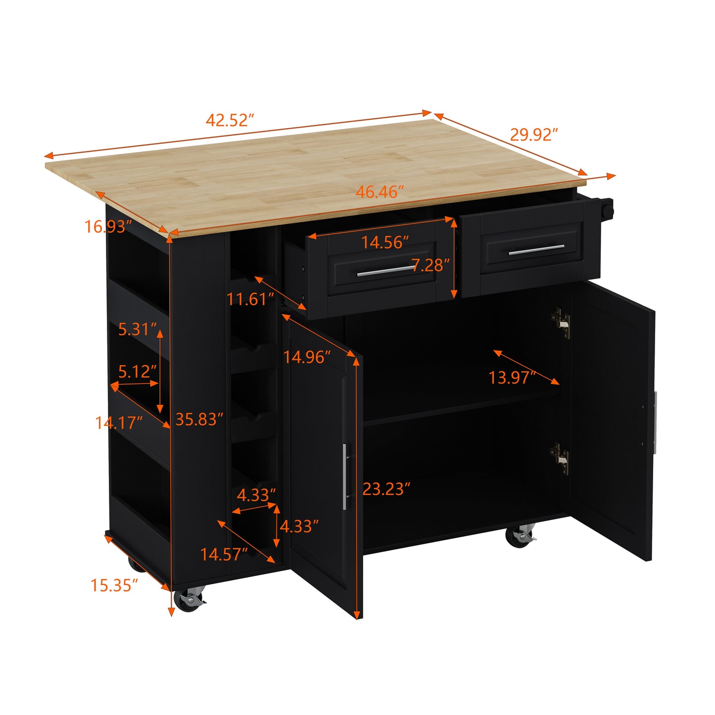 Multi-Functional Kitchen Island Cart with 2 Door Cabinet and Two Drawers,Spice Rack, Towel Holder, Wine Rack, and Foldable Rubberwood Table Top (Black) - Korvel