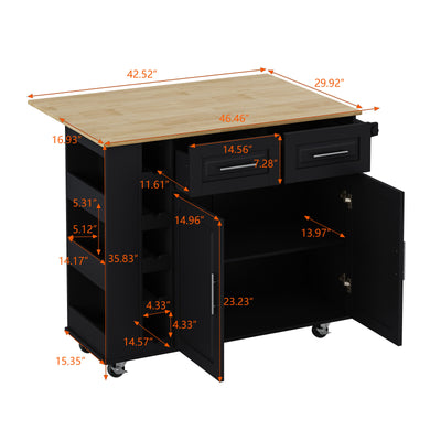 Multi-Functional Kitchen Island Cart with 2 Door Cabinet and Two Drawers,Spice Rack, Towel Holder, Wine Rack, and Foldable Rubberwood Table Top (Black) - Korvel