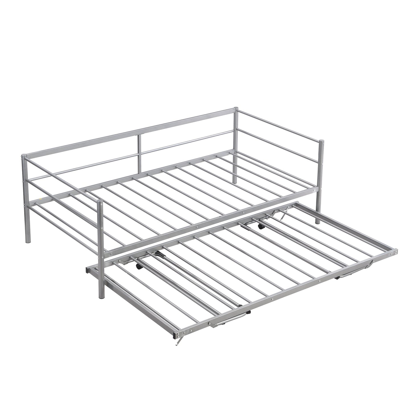 Twin Size Metal Daybed with Adjustable Trundle  Pop Up Trundle  Silver - Korvel