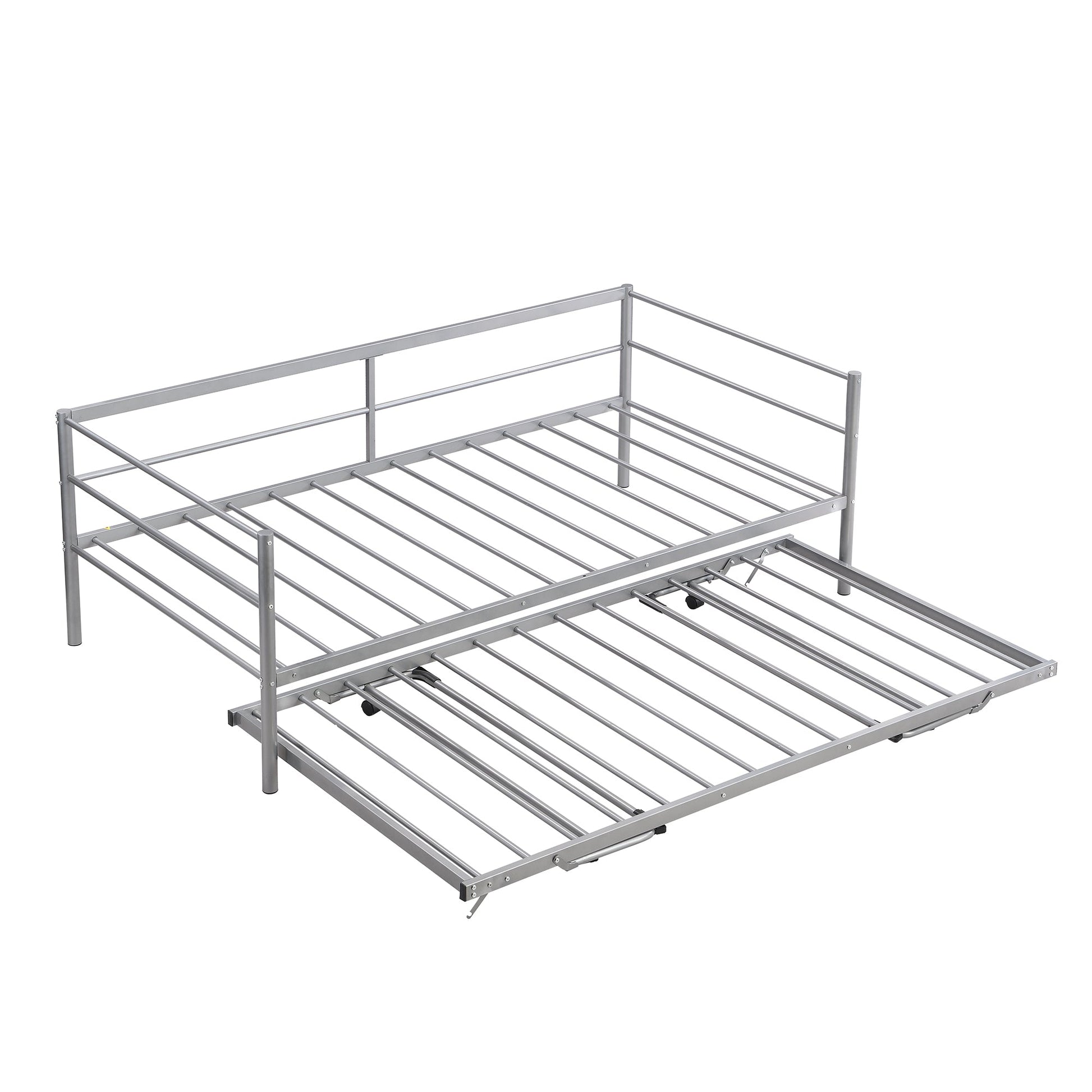 Twin Size Metal Daybed with Adjustable Trundle  Pop Up Trundle  Silver - Korvel