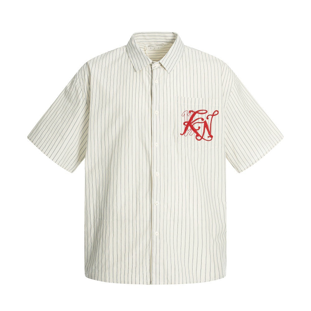 American Style Trendy Vertical Striped Embroidered Letter Short Sleeve Shirt Men's Loose Design Pockets Turn-Down Collar Shirt Summer - Korvel