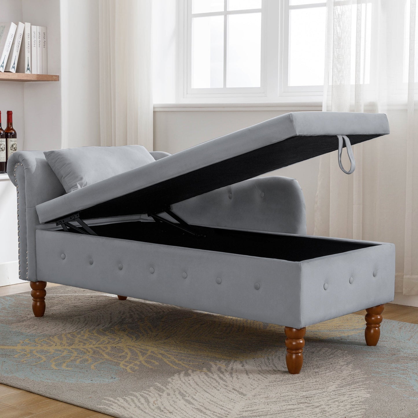 Chaise longue en velours gris avec rangement et coussin